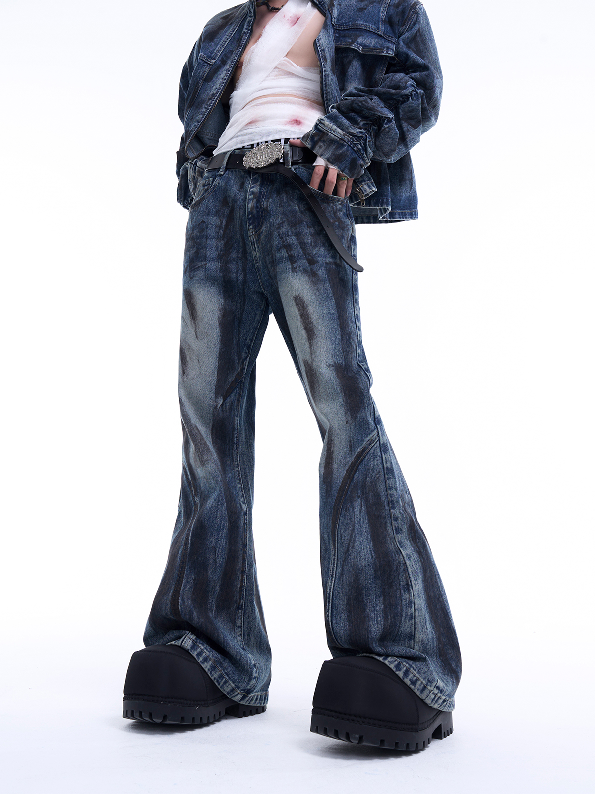 MUD WASH RUCHED DENIM JACKET & FLARED JEANS SET-START EXCEED END