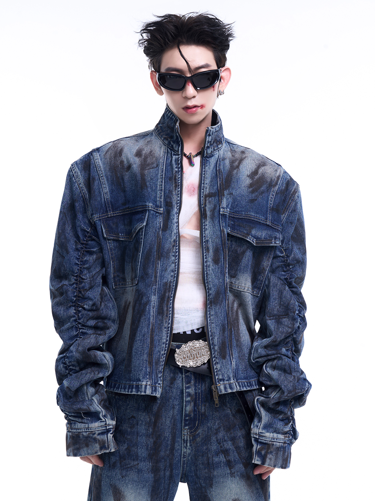 MUD WASH RUCHED DENIM JACKET & FLARED JEANS SET-START EXCEED END