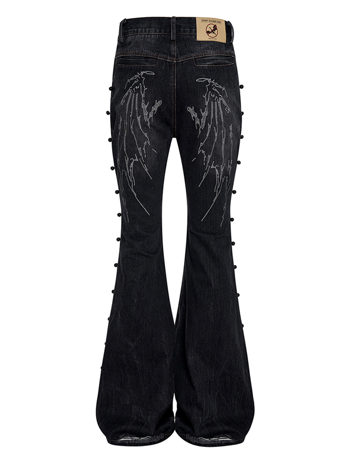 LEATHER CROSS & WING EMBROIDERY FLARED DENIM