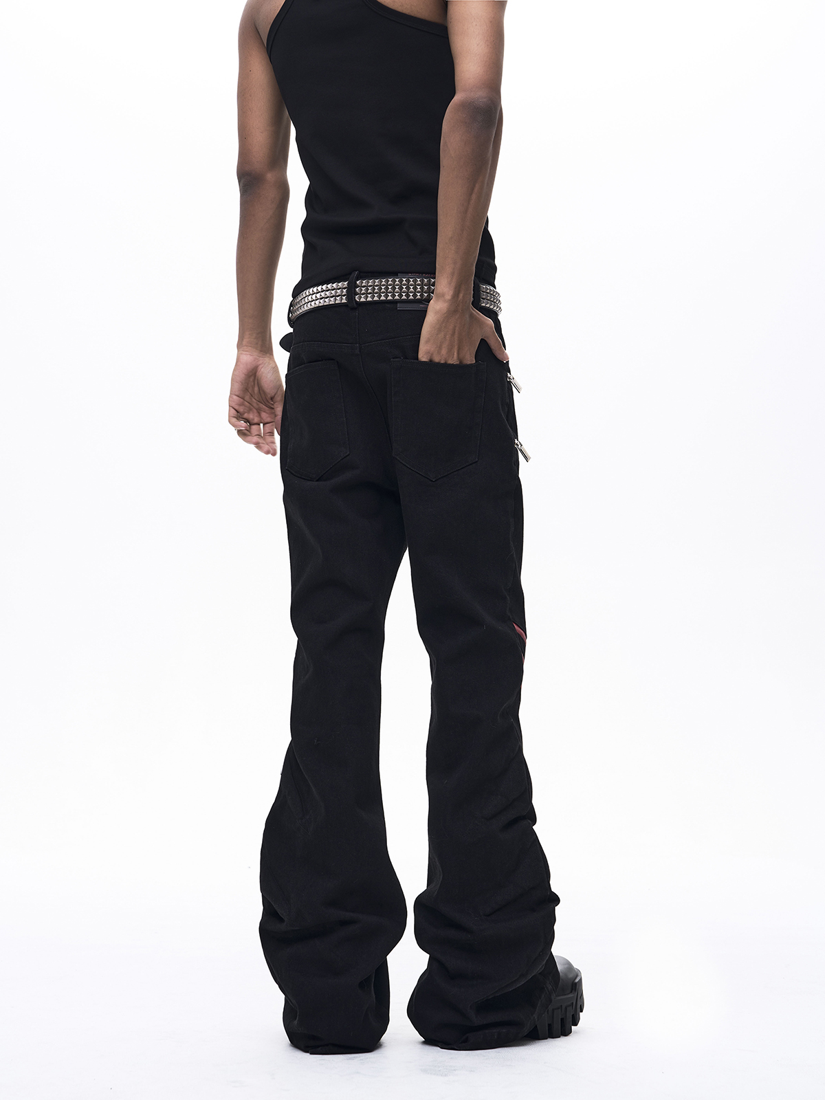 INDUSTRIAL ZIPPER LEATHER PATCHWORK FLARE JEANS-BLACK