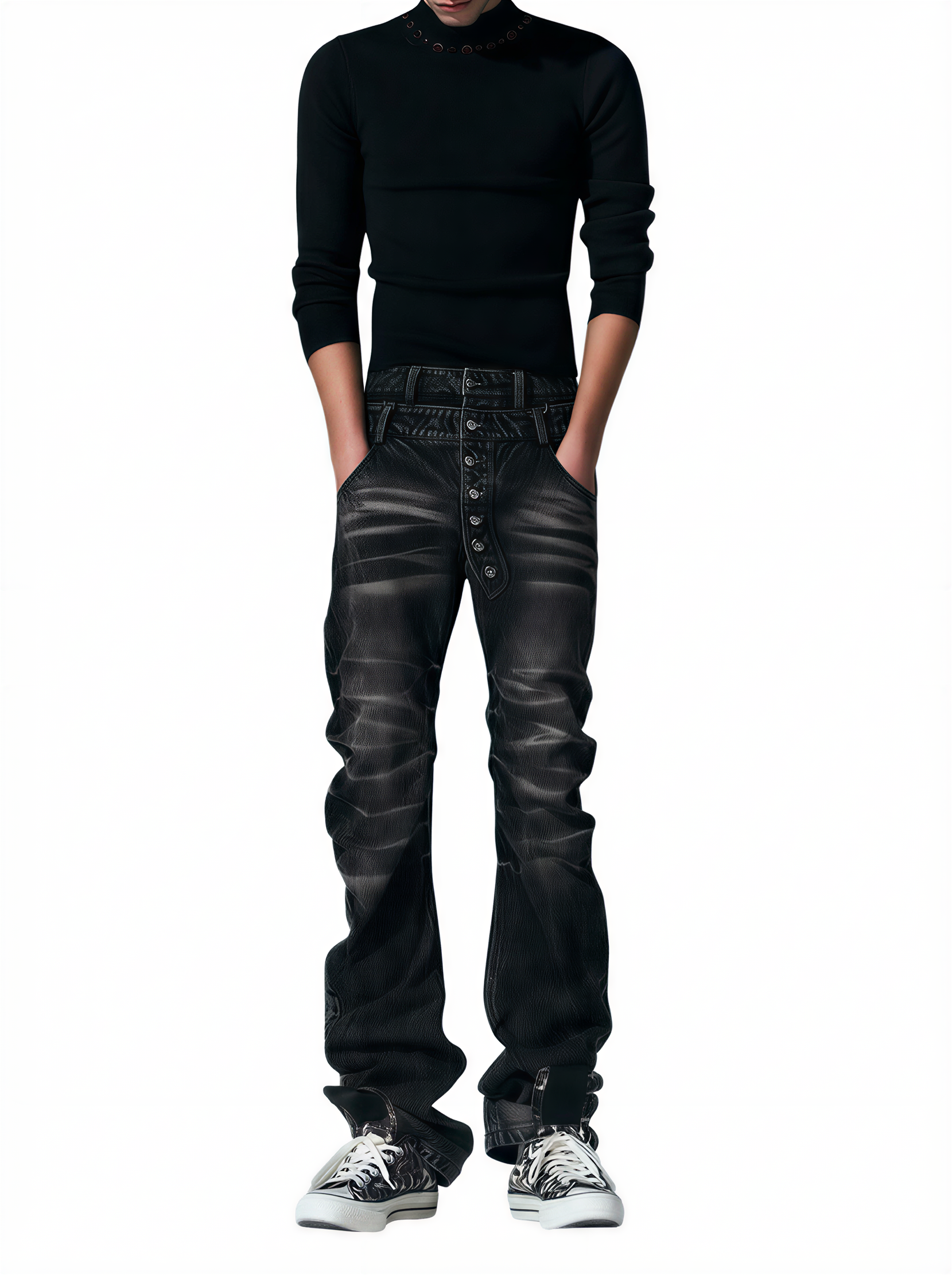 WASHED BLACK DOUBLE WAISTBAND STACKED FLARED JEANS