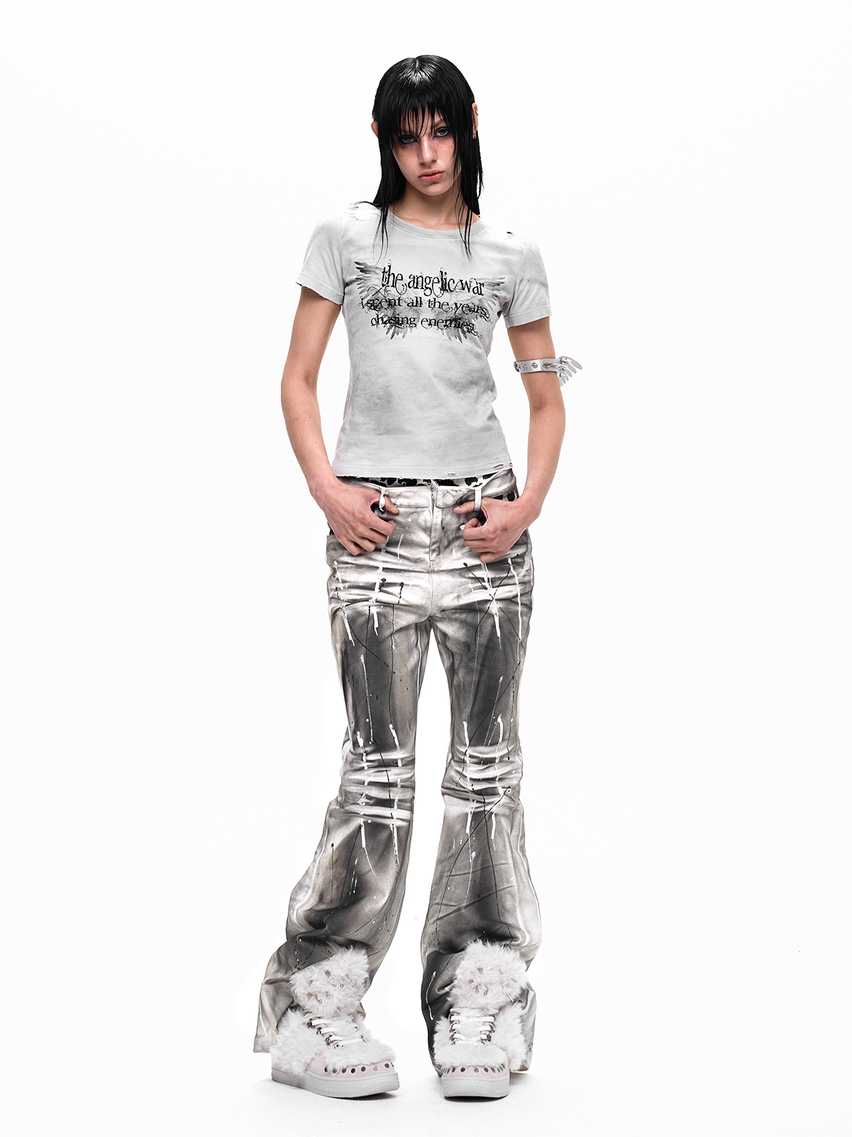 LEOPARD DOUBLE WAISTBAND FLARE JEANS-DIRTY WASH