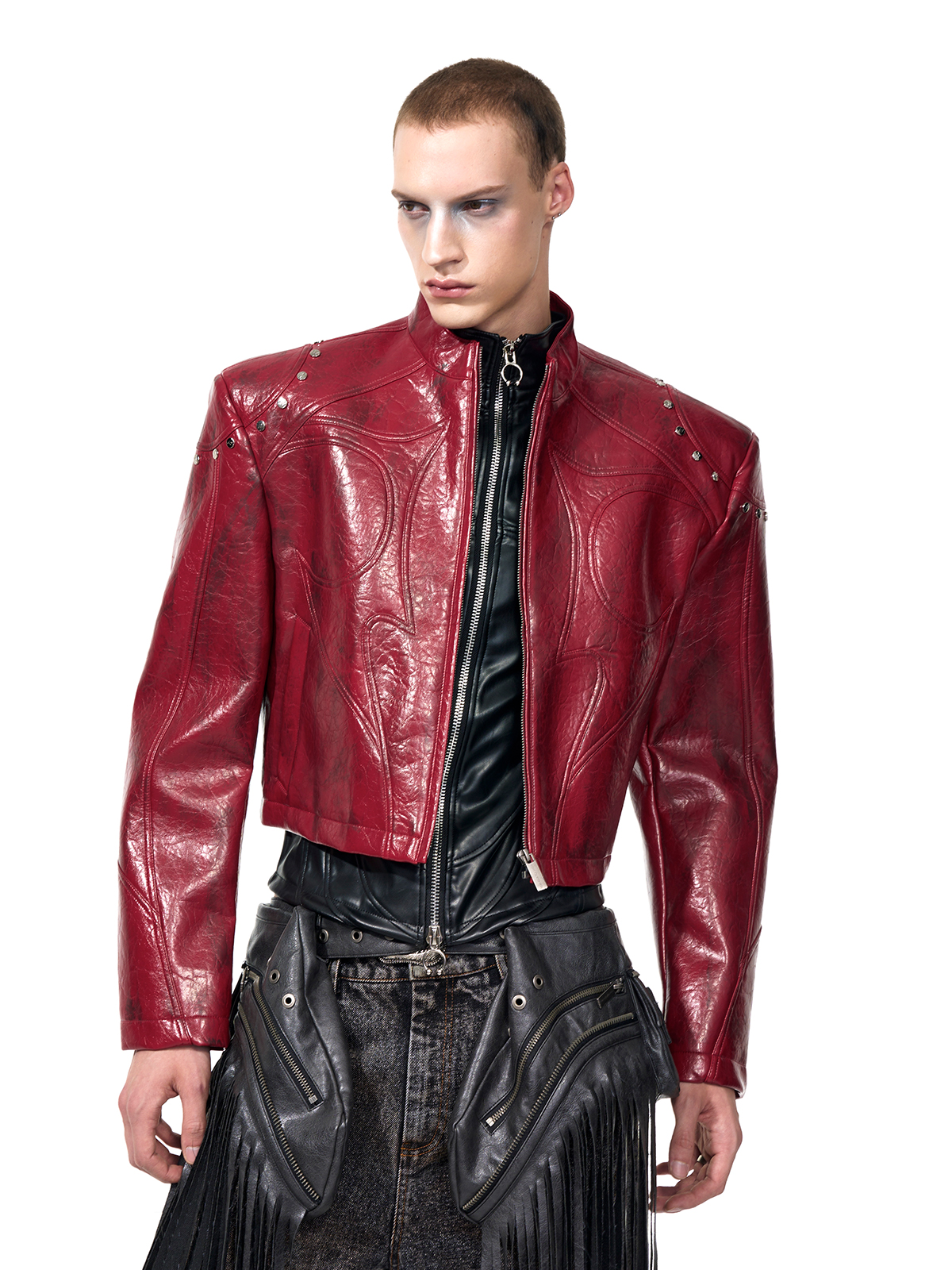 CROPPED STUDDED MOTO JACKET-CRINKLED RED