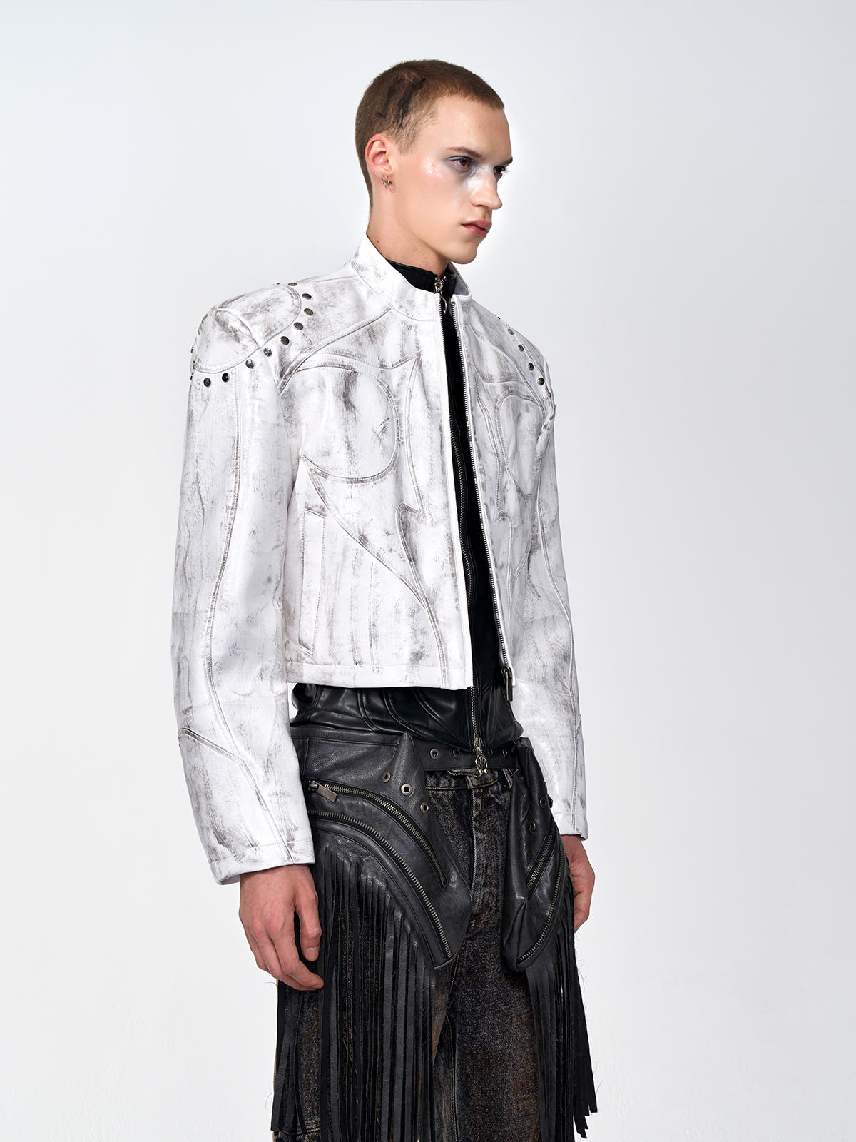 CROPPED STUDDED MOTO JACKET-DISTRESSED WHITE
