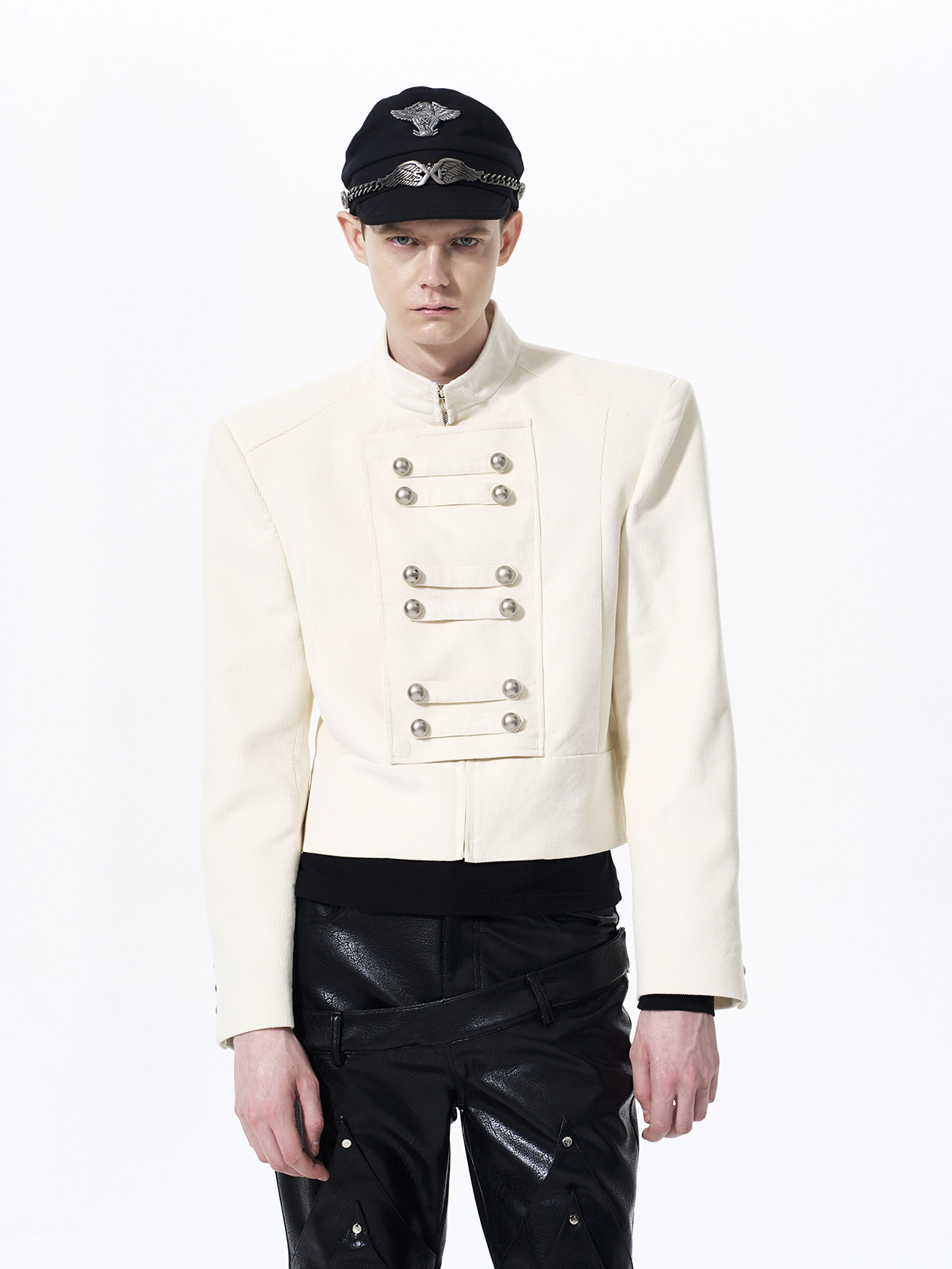 RETRO CORDUROY STAND COLLAR CROPPED JACKET-IVORY WHITE