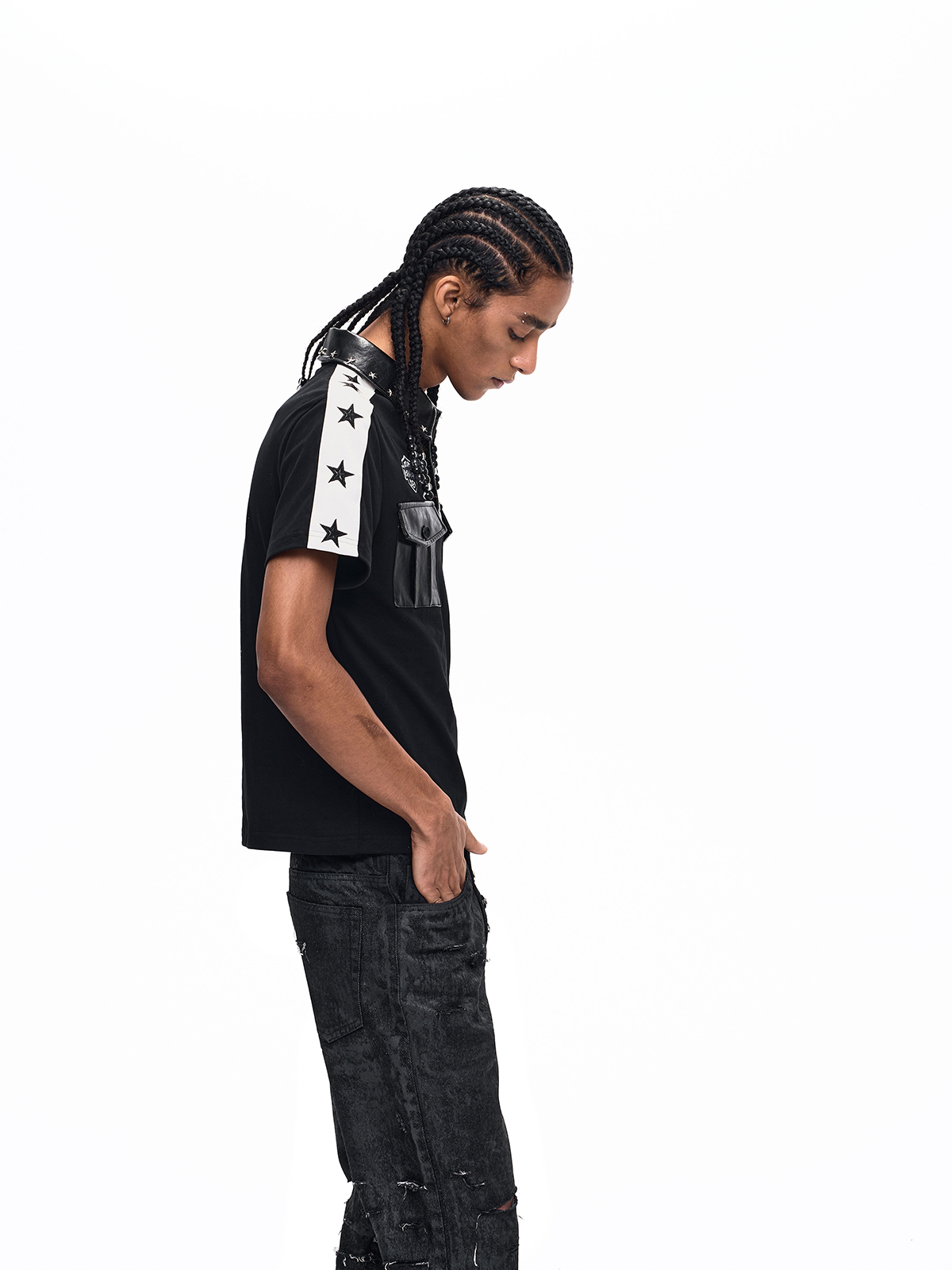 STAR STUDDED LEATHER-PANEL POLO SHIRT
