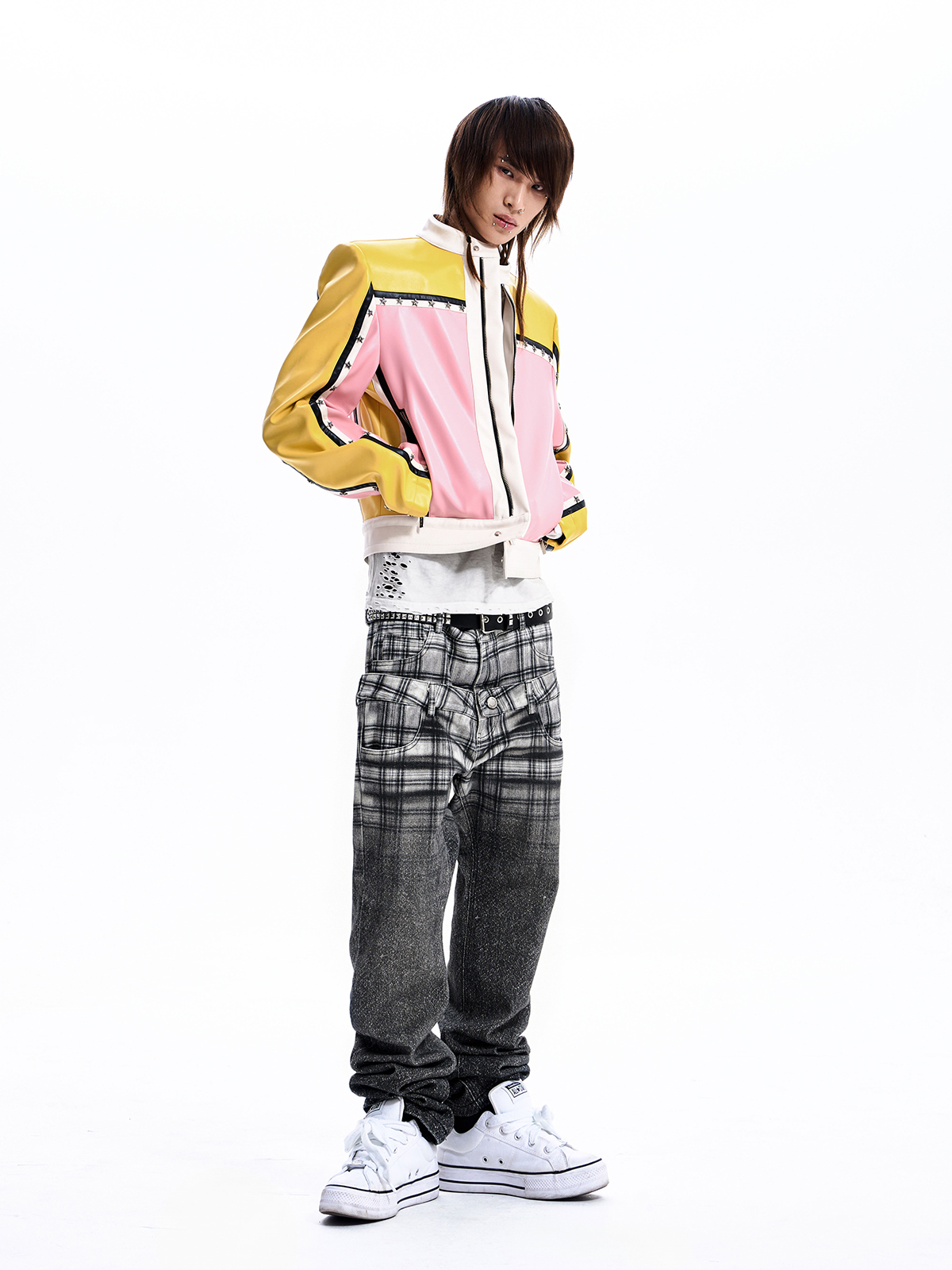 STAR STUDDED COLORBLOCK MOTO JACKET