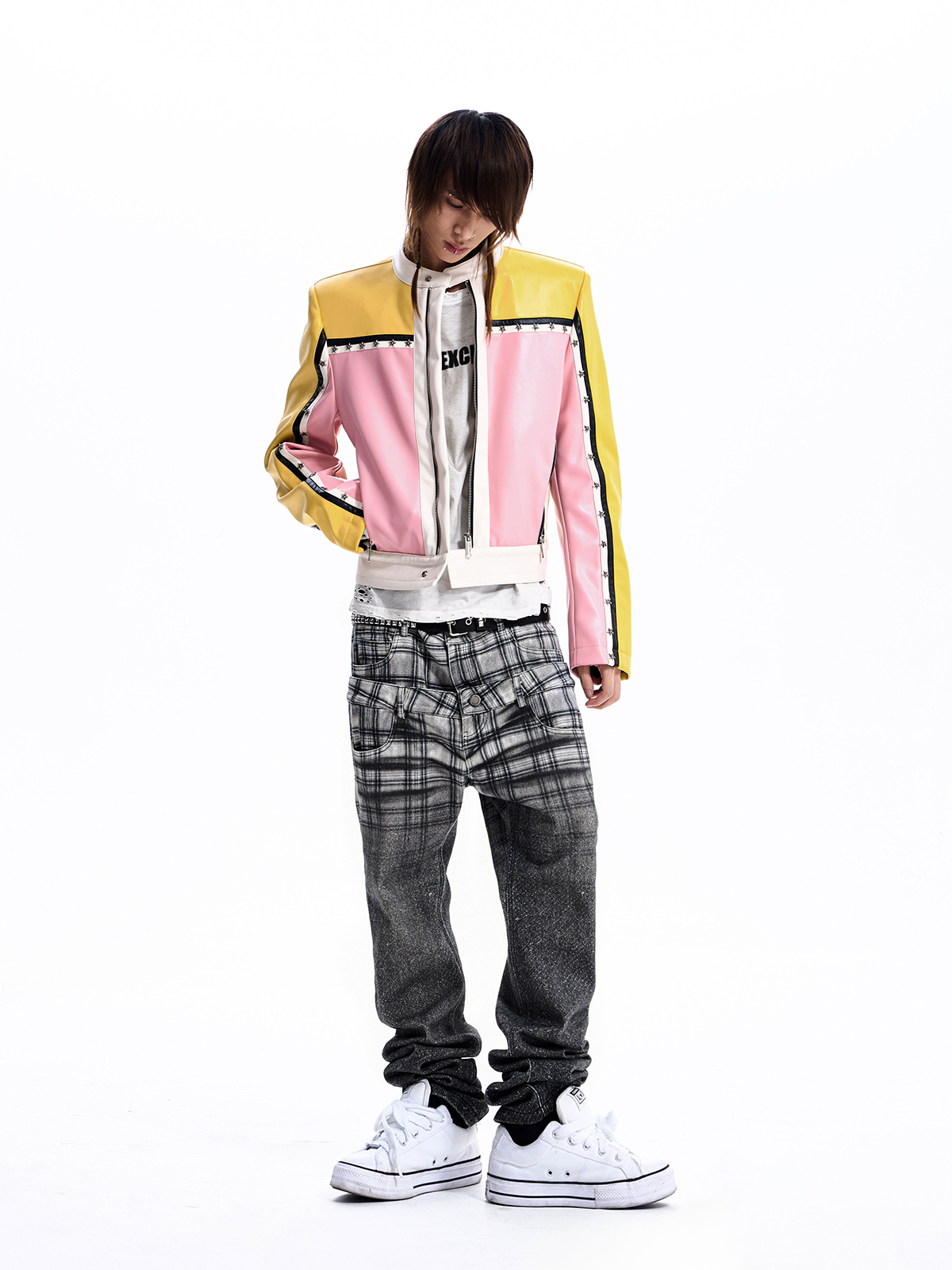 STAR STUDDED COLORBLOCK MOTO JACKET