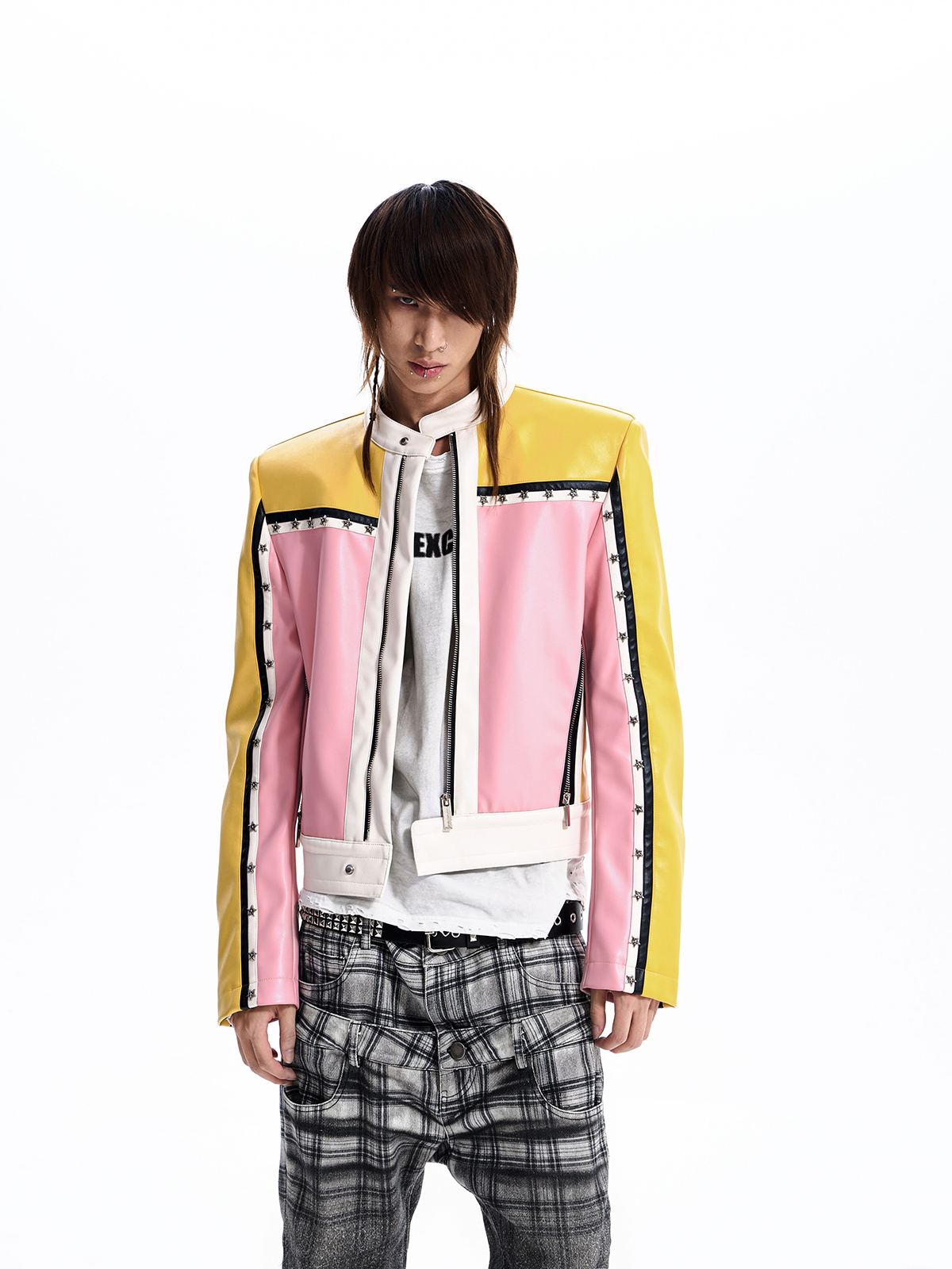 STAR STUDDED COLORBLOCK MOTO JACKET