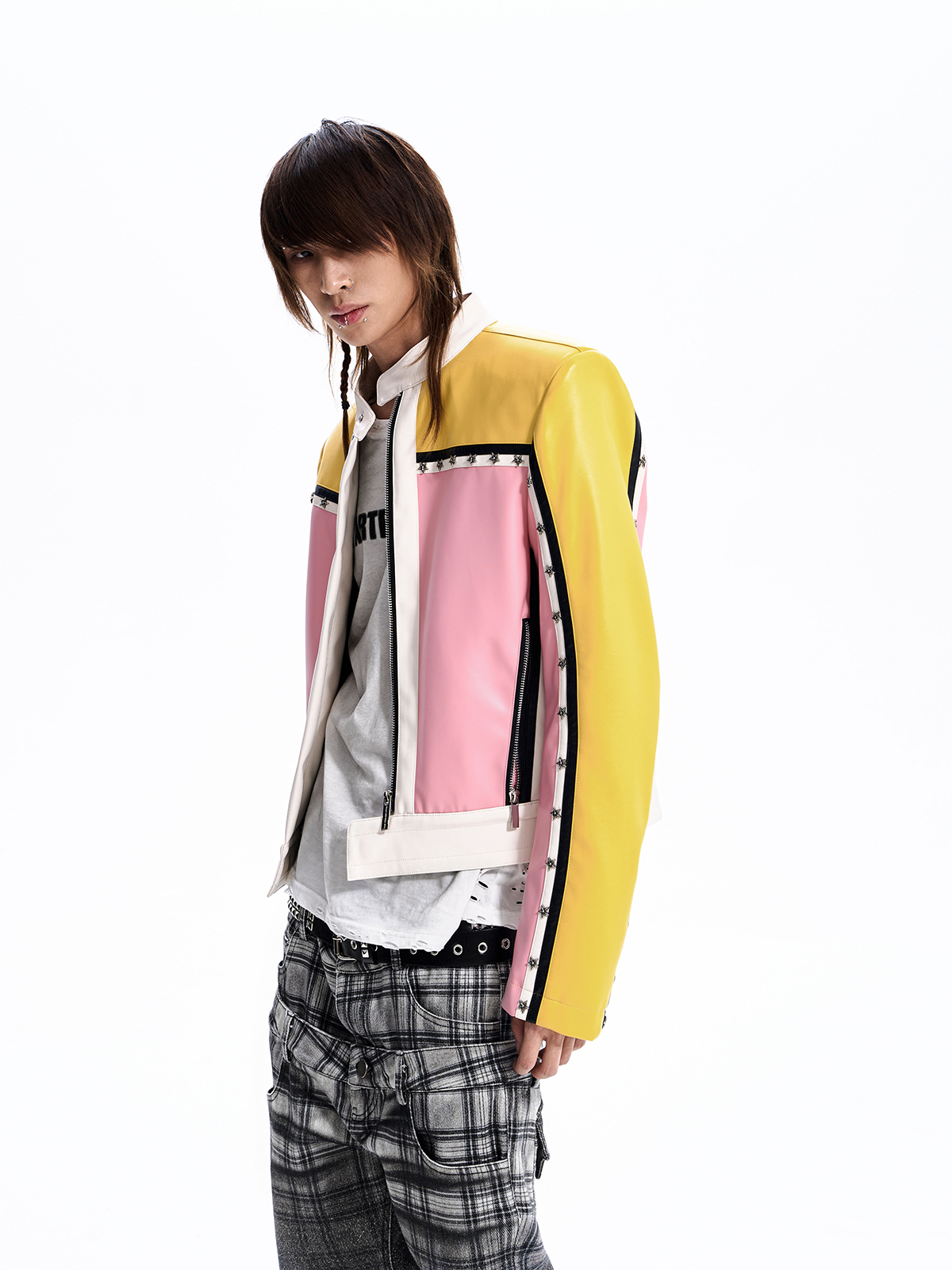 STAR STUDDED COLORBLOCK MOTO JACKET