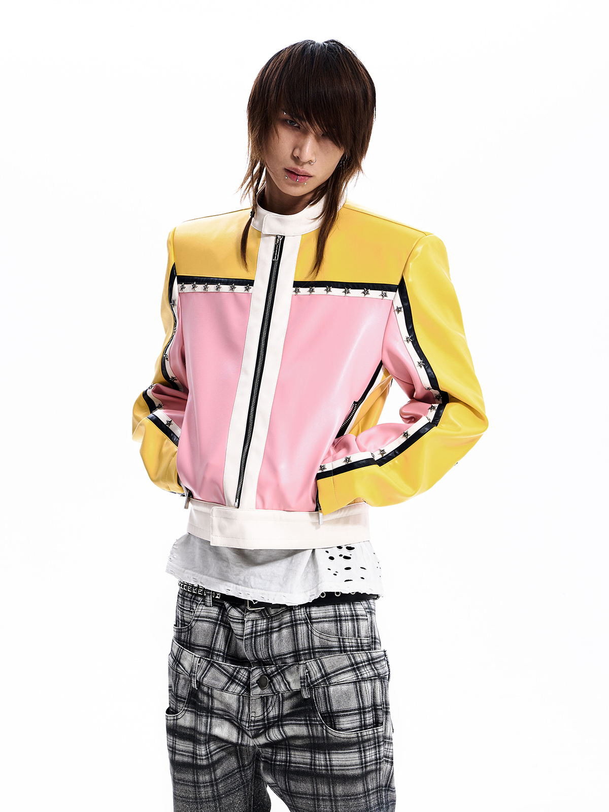 STAR STUDDED COLORBLOCK MOTO JACKET