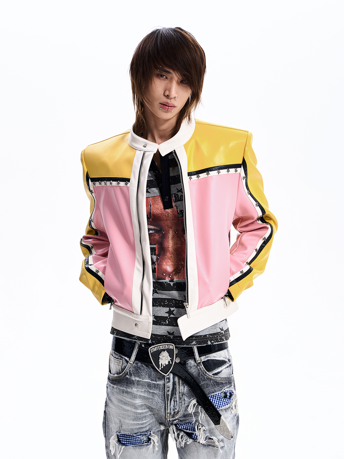 STAR STUDDED COLORBLOCK MOTO JACKET
