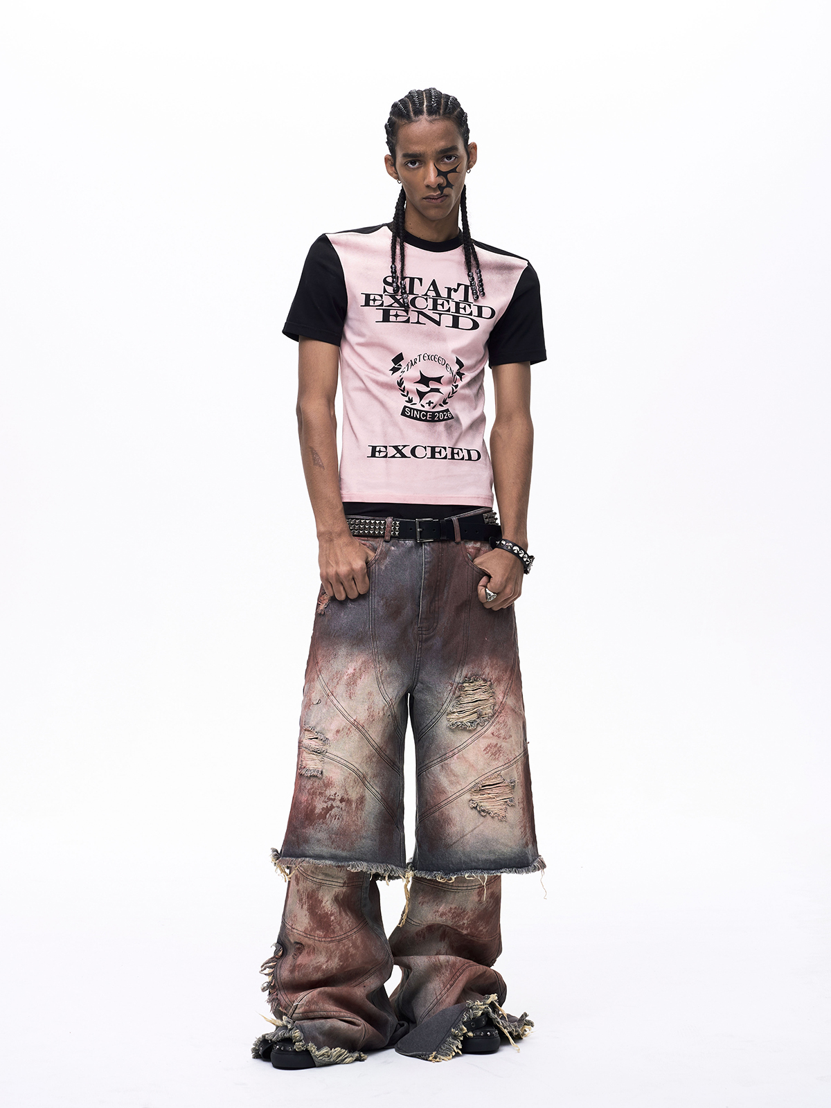 GRAPHIC COLOR BLOCK DIRTY WASH T-SHIRT-PINK