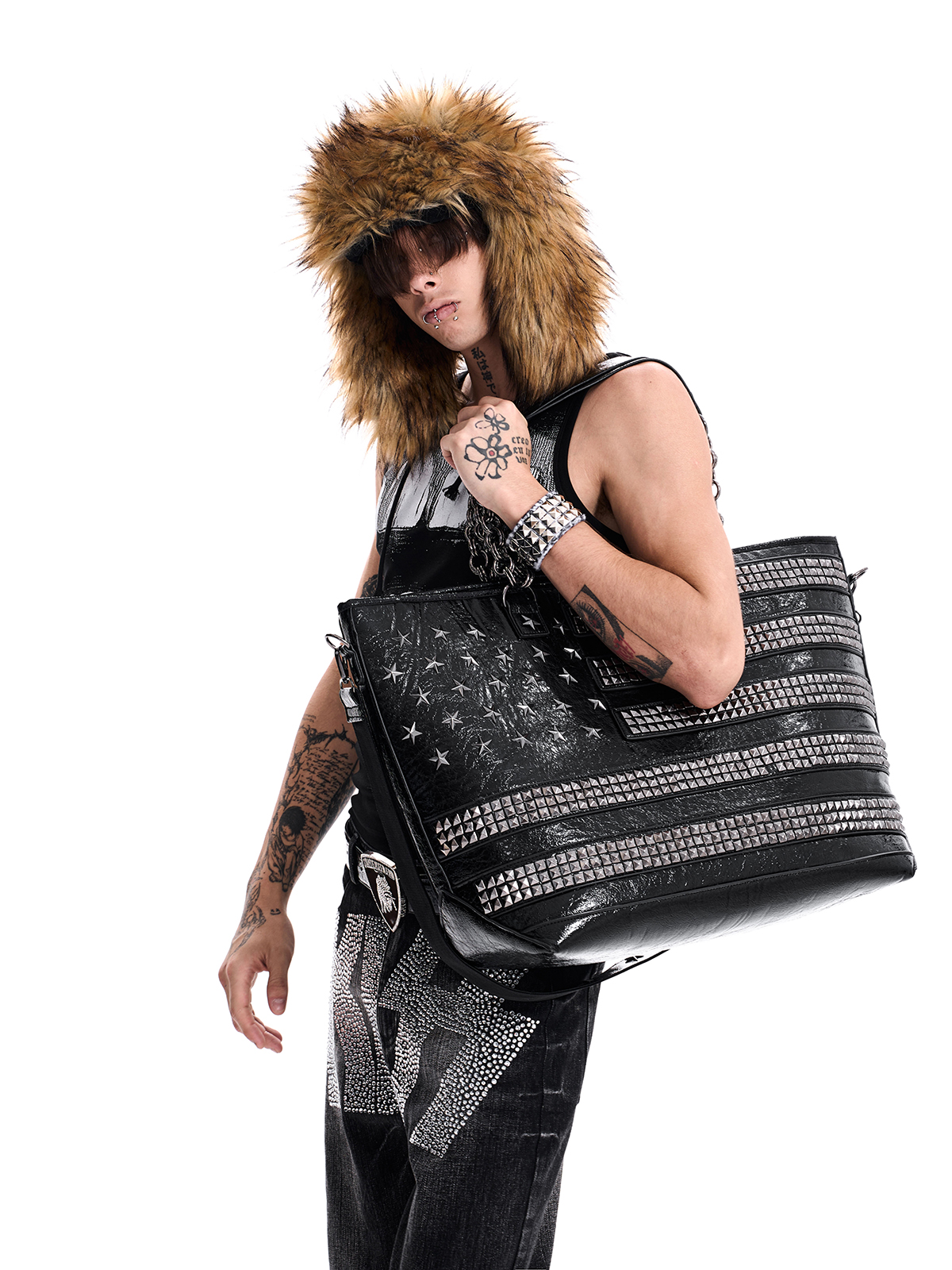 STUDDED AMERICAN FLAG TOTE BAG