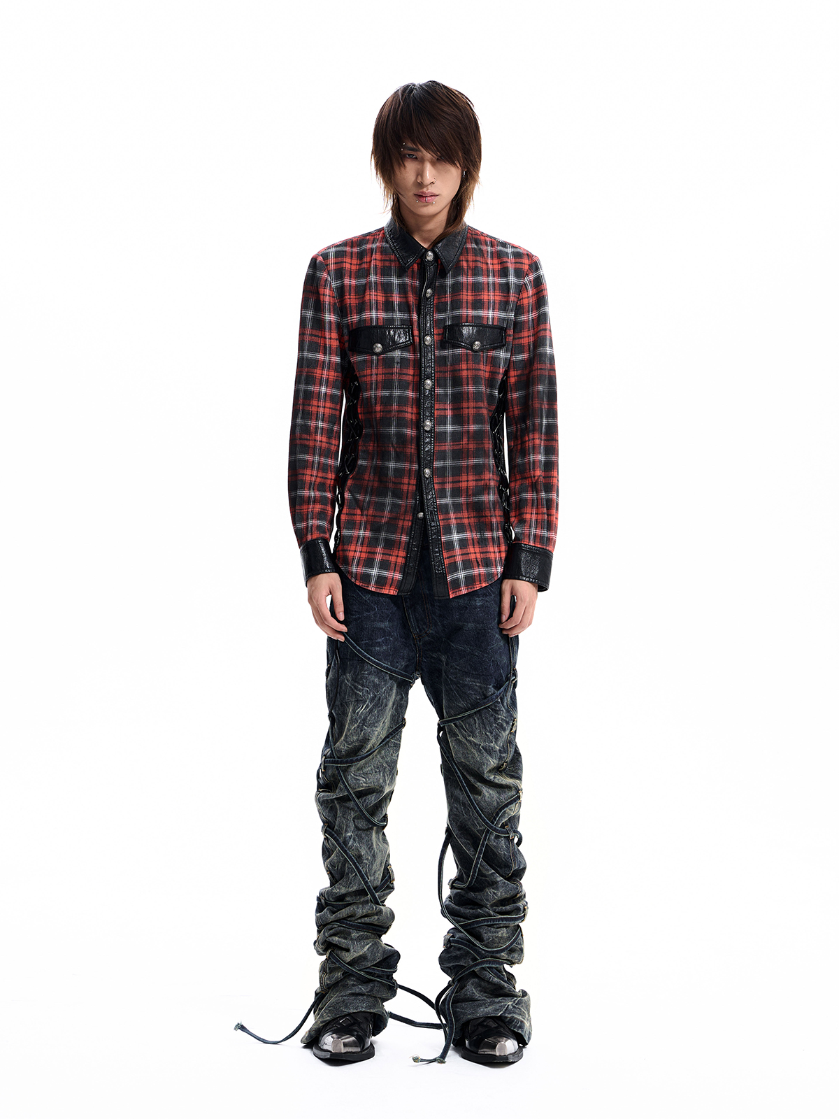 STRAPPED PLAID PANEL SHIRT