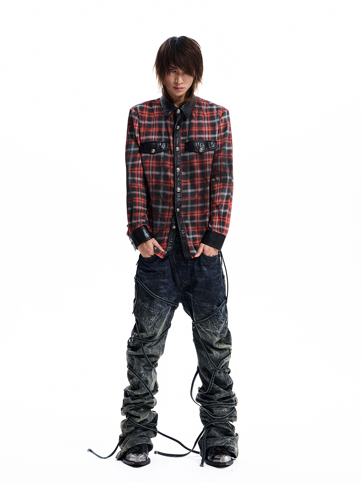STRAPPED PLAID PANEL SHIRT