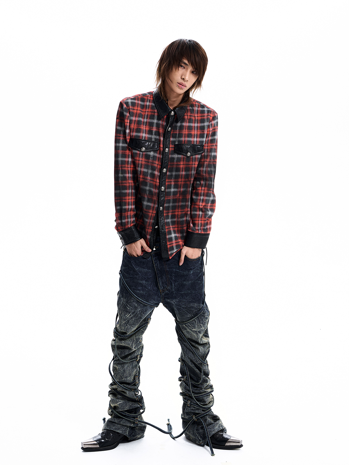 STRAPPED PLAID PANEL SHIRT