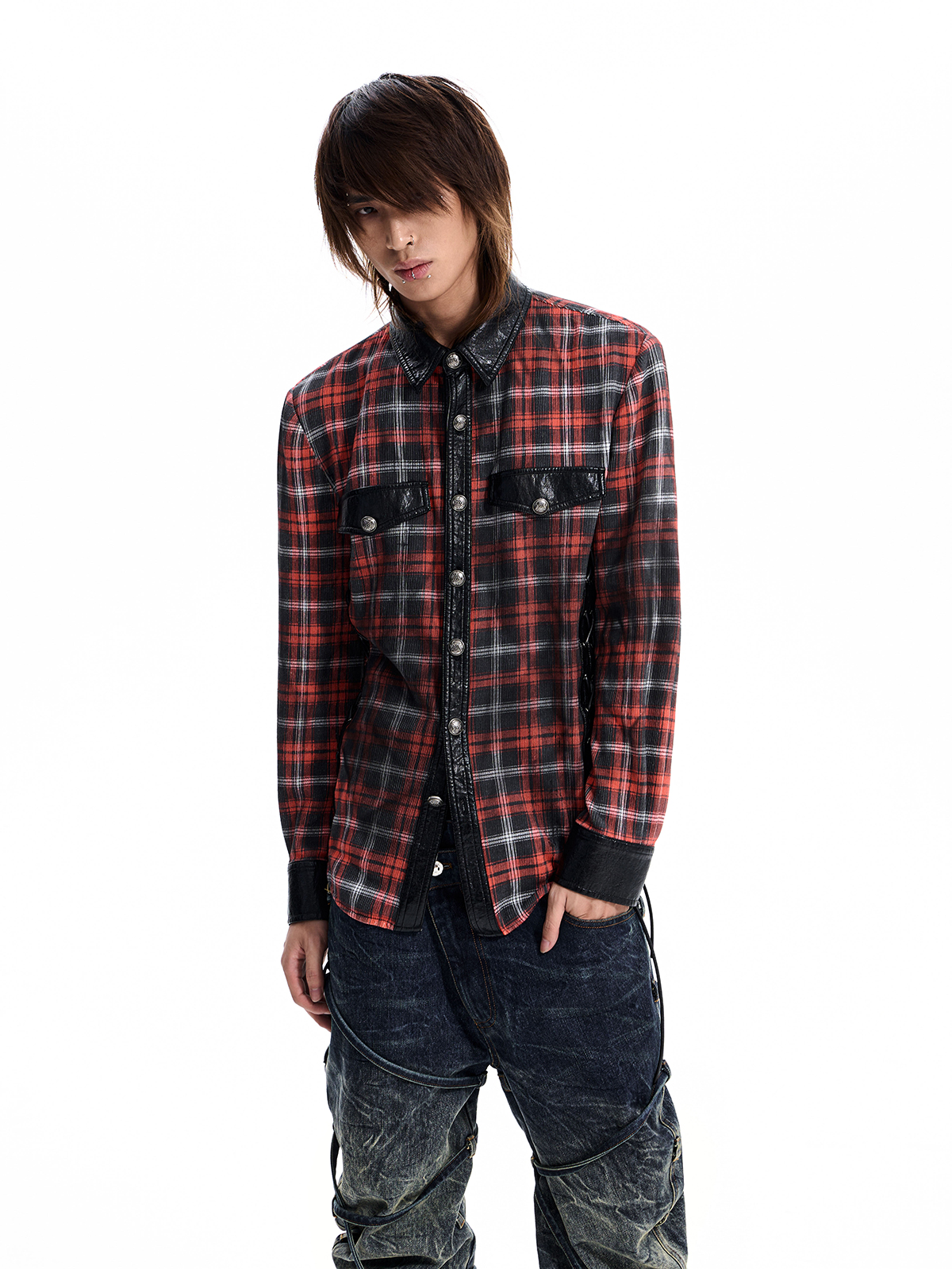 STRAPPED PLAID PANEL SHIRT