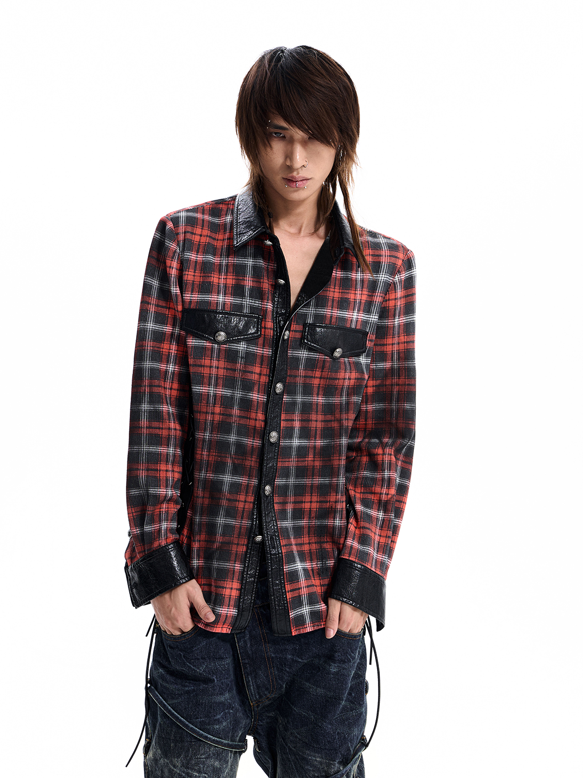 STRAPPED PLAID PANEL SHIRT