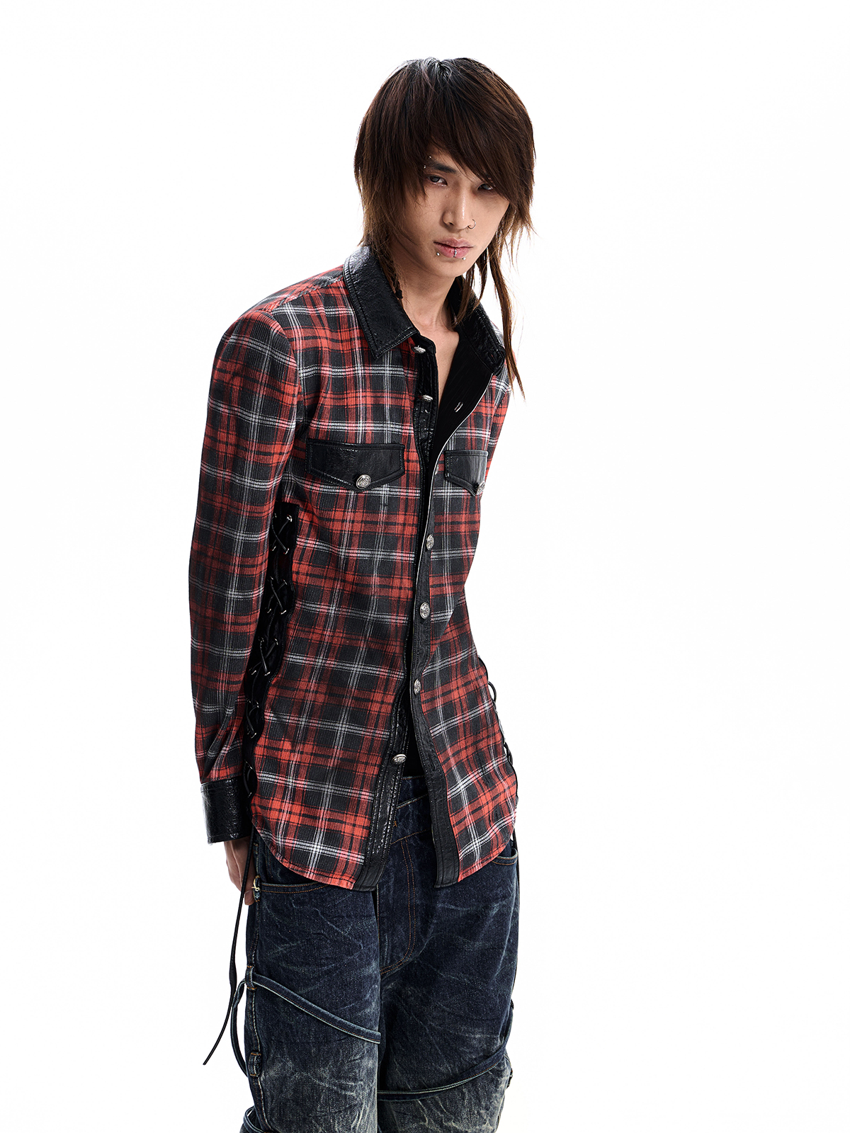STRAPPED PLAID PANEL SHIRT