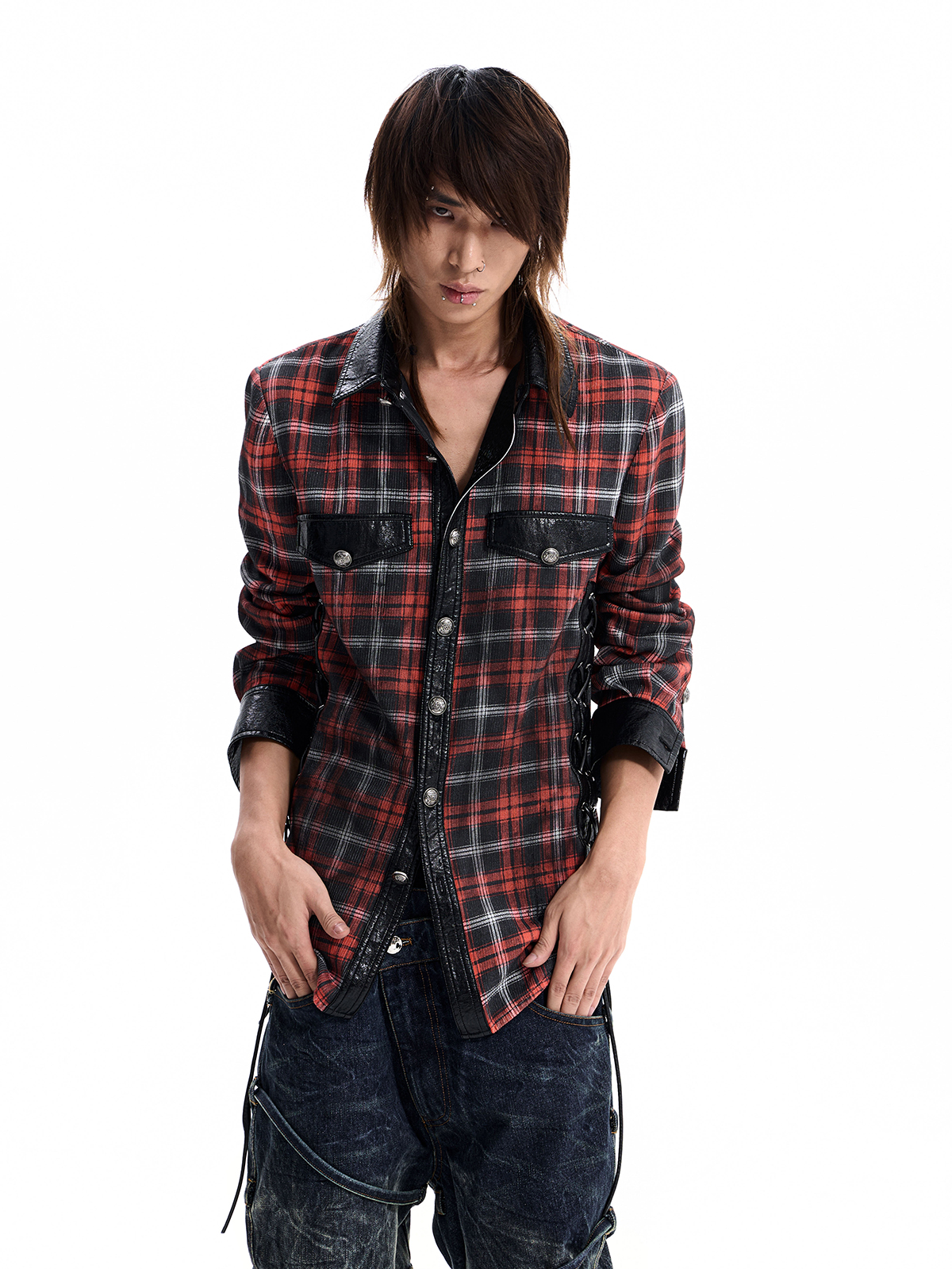 STRAPPED PLAID PANEL SHIRT