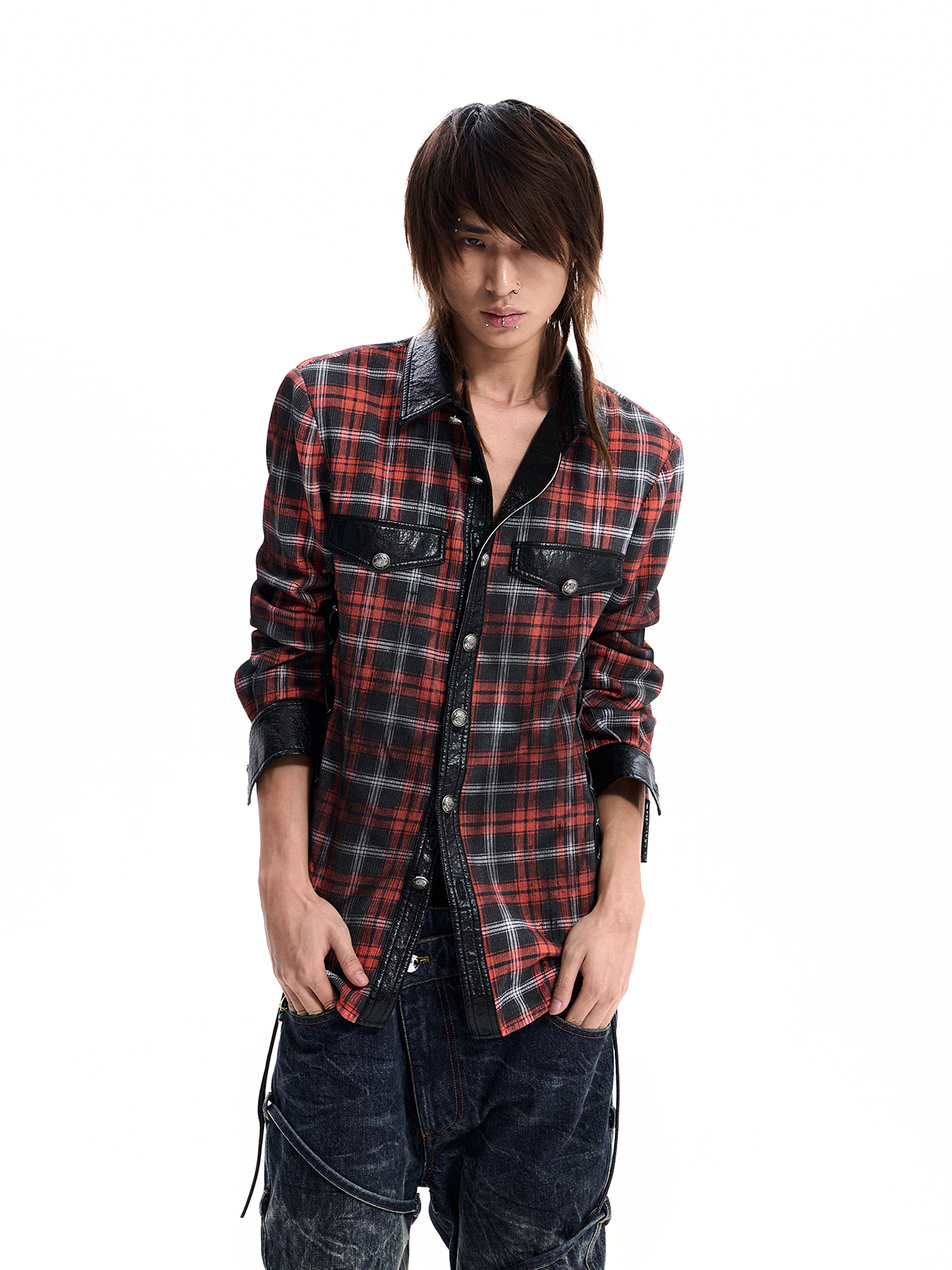 STRAPPED PLAID PANEL SHIRT