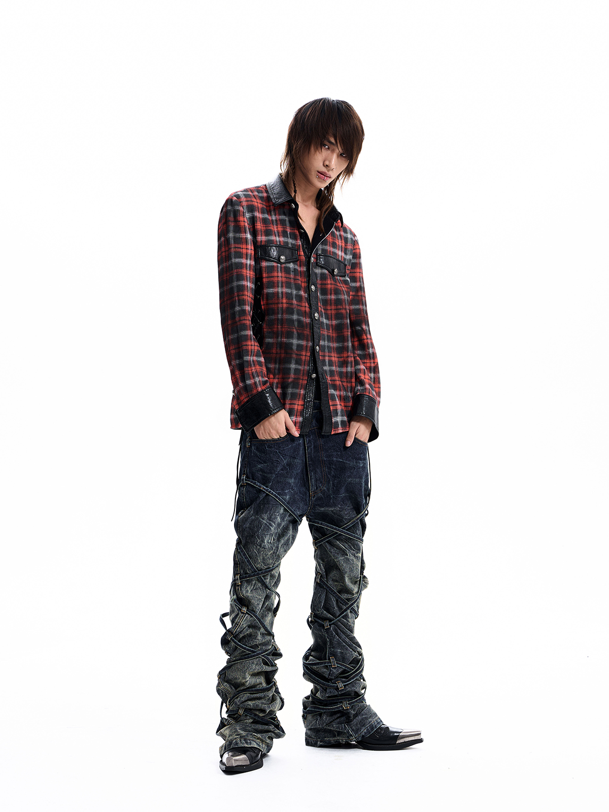 STRAPPED PLAID PANEL SHIRT