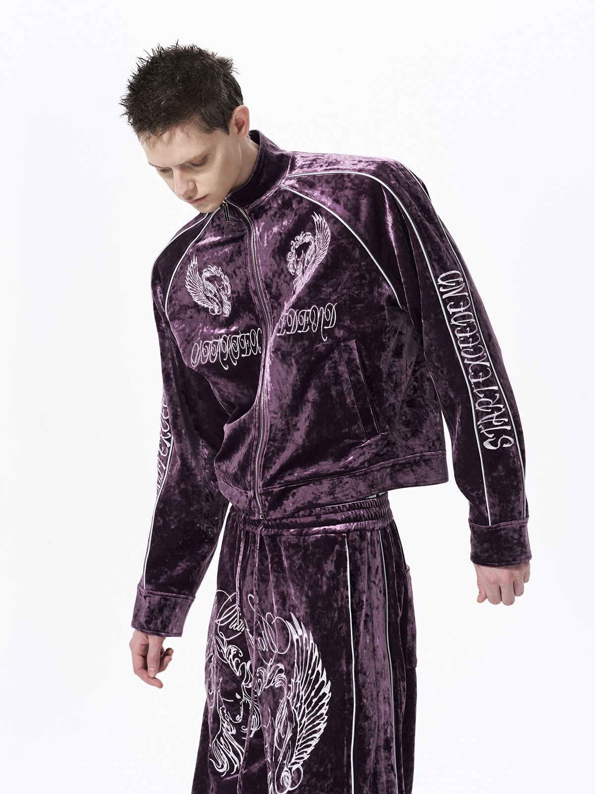CRUSHED VELVET EMBROIDERED TRACKSUIT SET-PLUM PURPLE