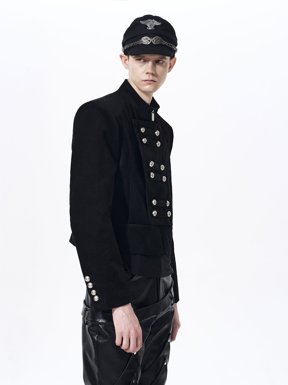 RETRO CORDUROY STAND COLLAR CROPPED JACKET-BLACK