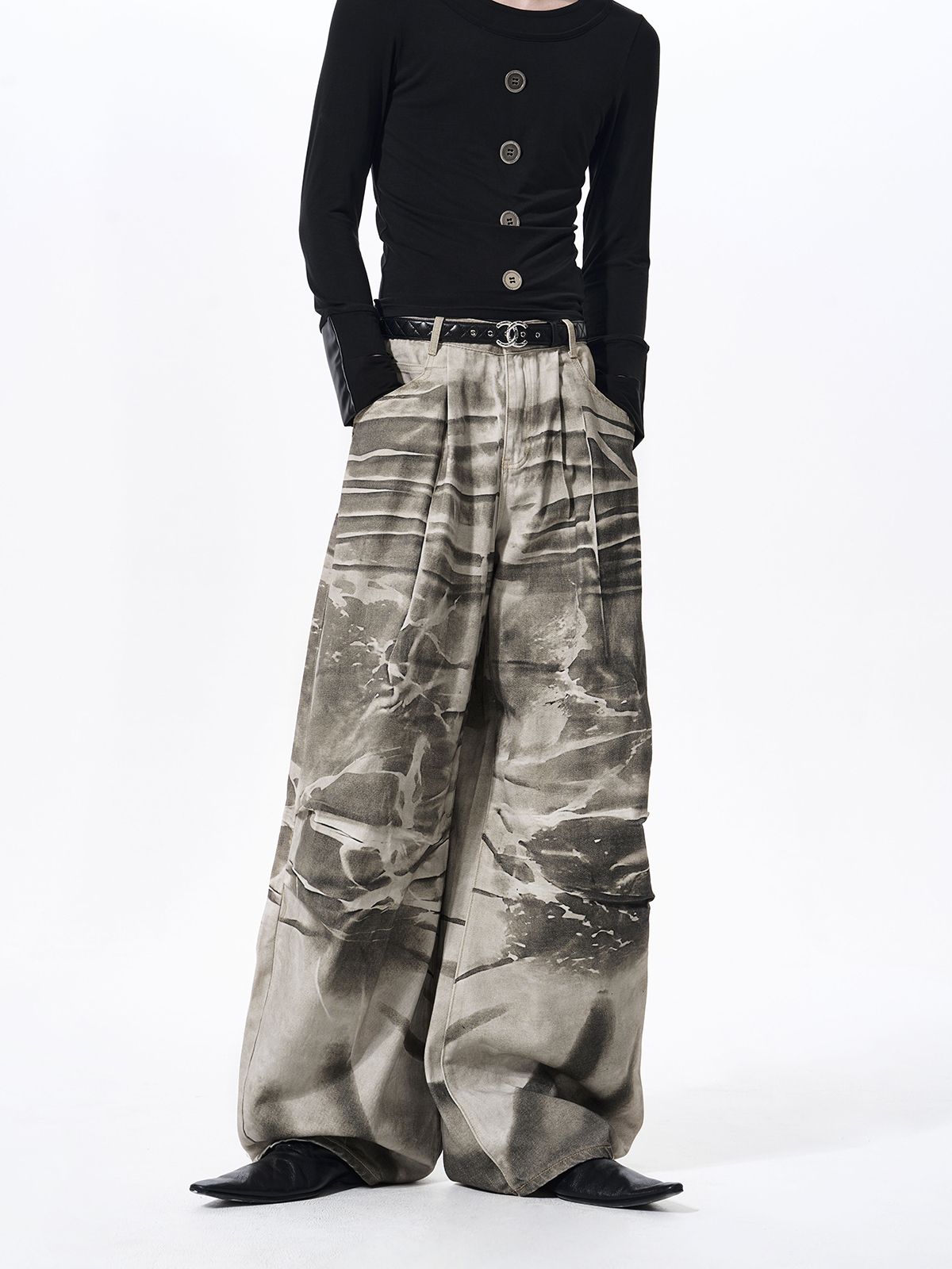 TIE-DYE DISTRESSED WIDE LEG PUDDLE DENIM