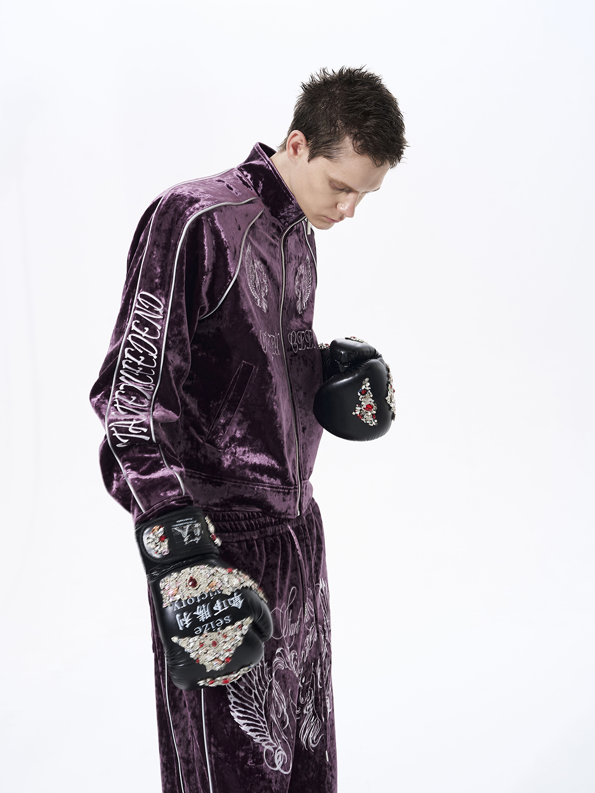 CRUSHED VELVET EMBROIDERED TRACKSUIT SET-PLUM PURPLE