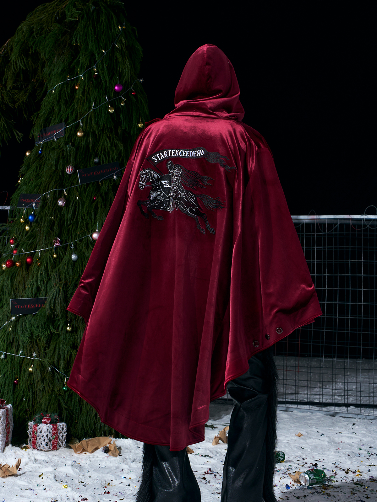 WARHORSE EMBROIDERED VELVET HOODED CLOAK-BURGUNDY