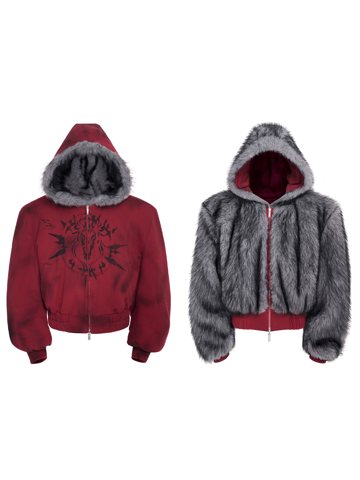 VINTAGE RED REVERSIBLE FUR HOODIE & FUR PANEL PANTS SET