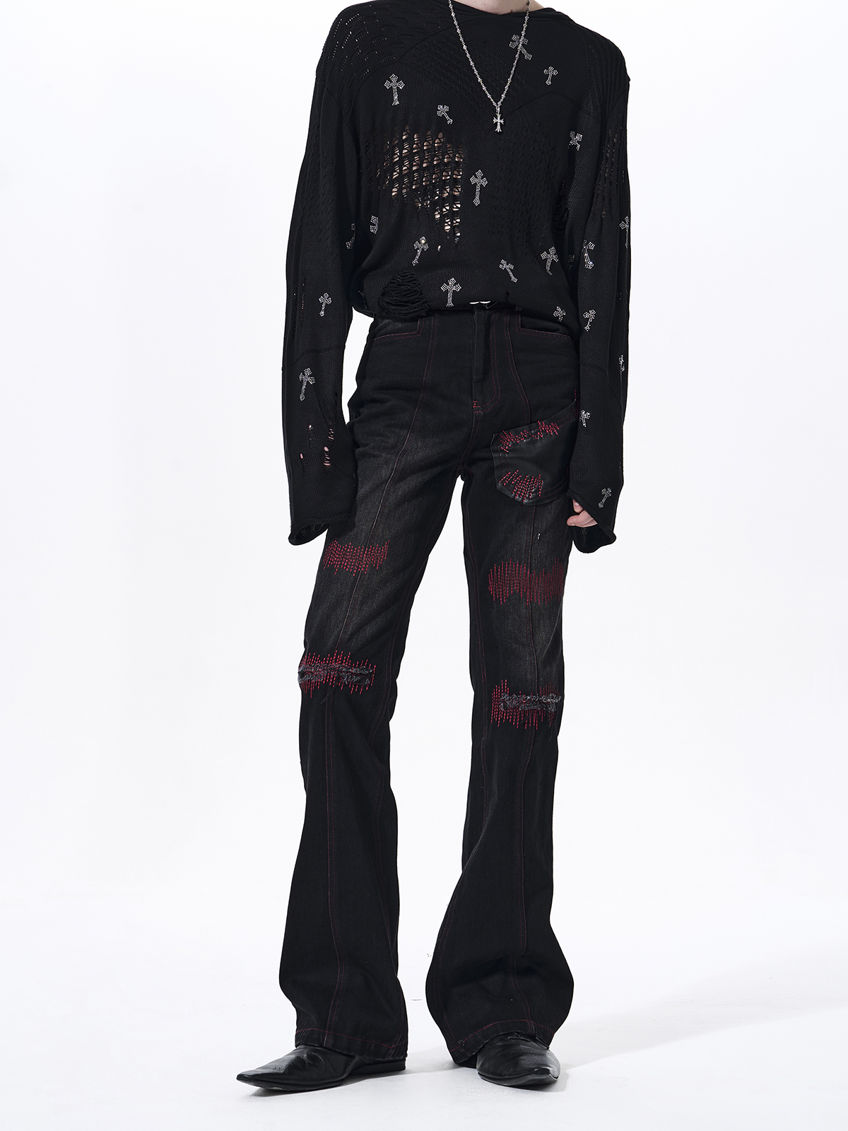 DISTRESSED SOUNDWAVE LEATHER PATCHWORK FLARED JEANS
