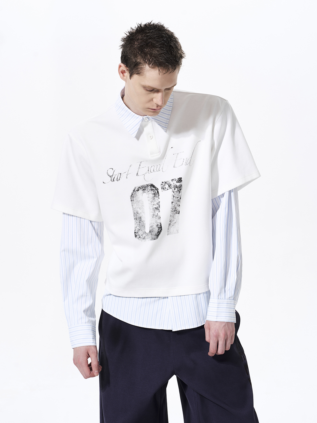 DISTRESSED GRAPHIC LAYERED POLO SHIRT-WHITE