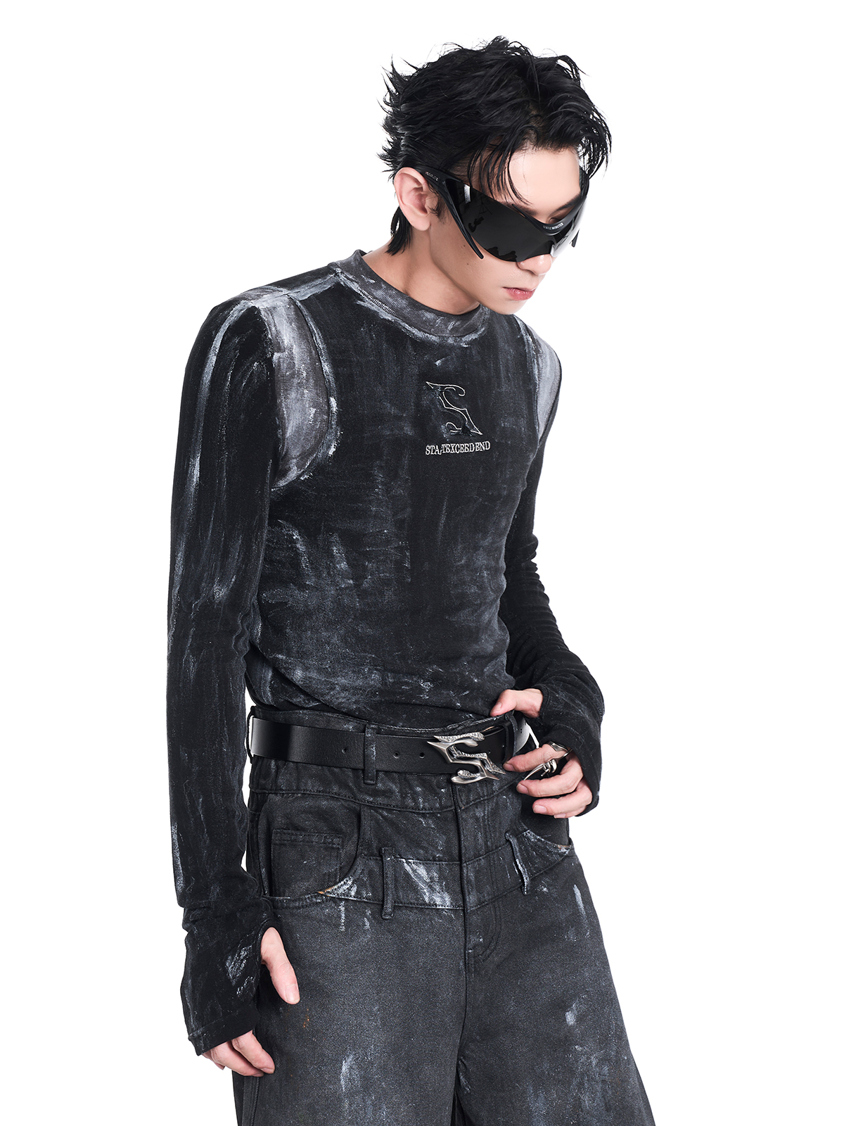 SHADOW ACID WASH MOCK NECK TEE-START EXCEED END