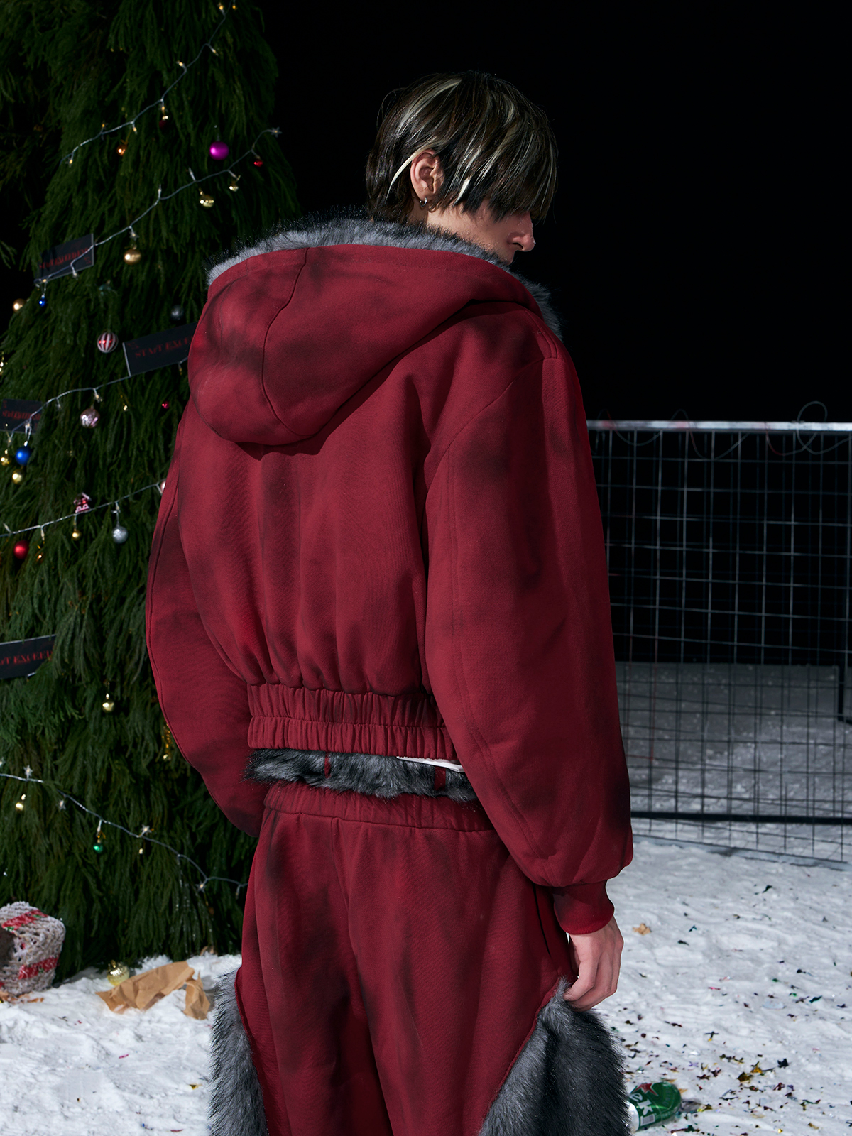 VINTAGE RED REVERSIBLE FUR HOODIE & FUR PANEL PANTS SET