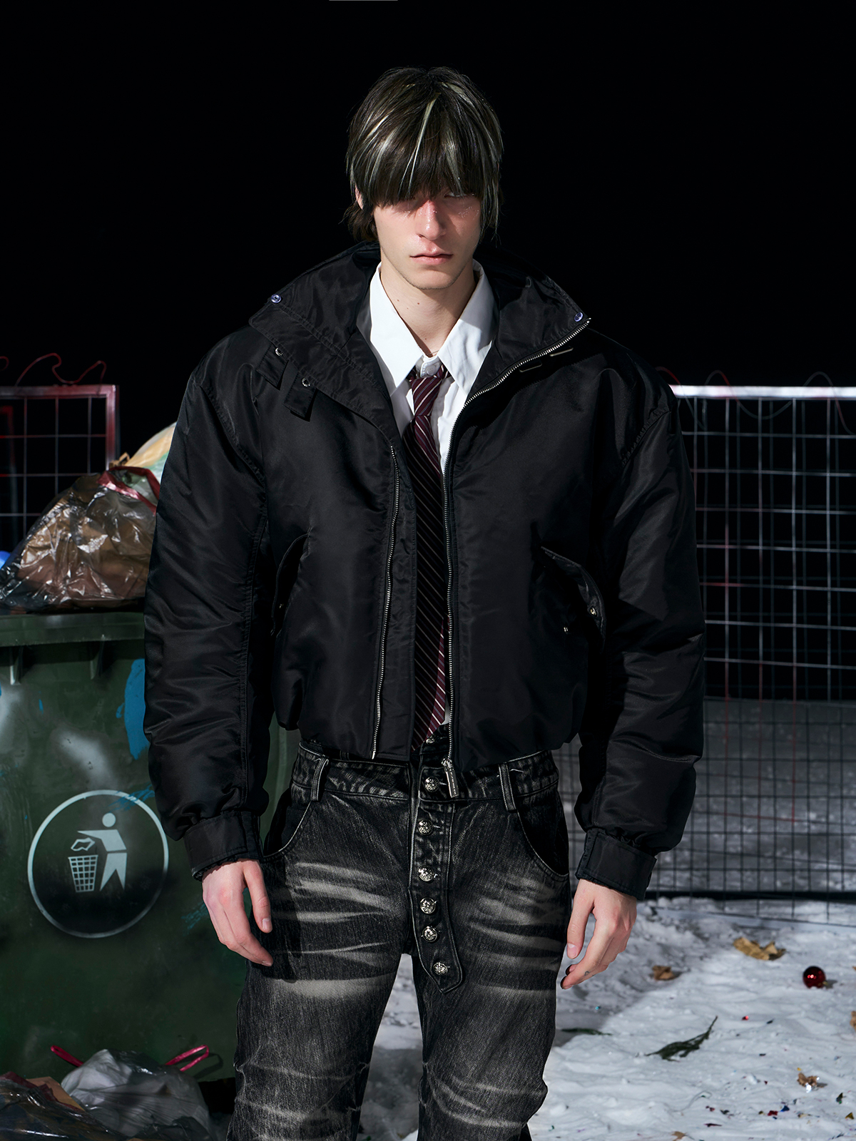 Luxe Detachable Fur Collar Down Bomber-Black