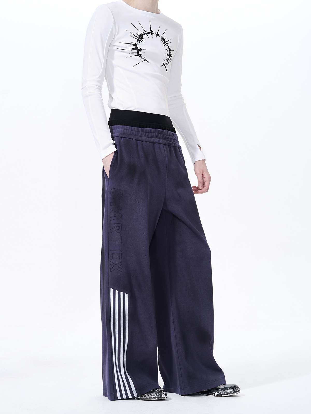 DISTRESSED MOTO BADGE 4-STRIPE TRACKSUIT SET-DEEP PURPLE