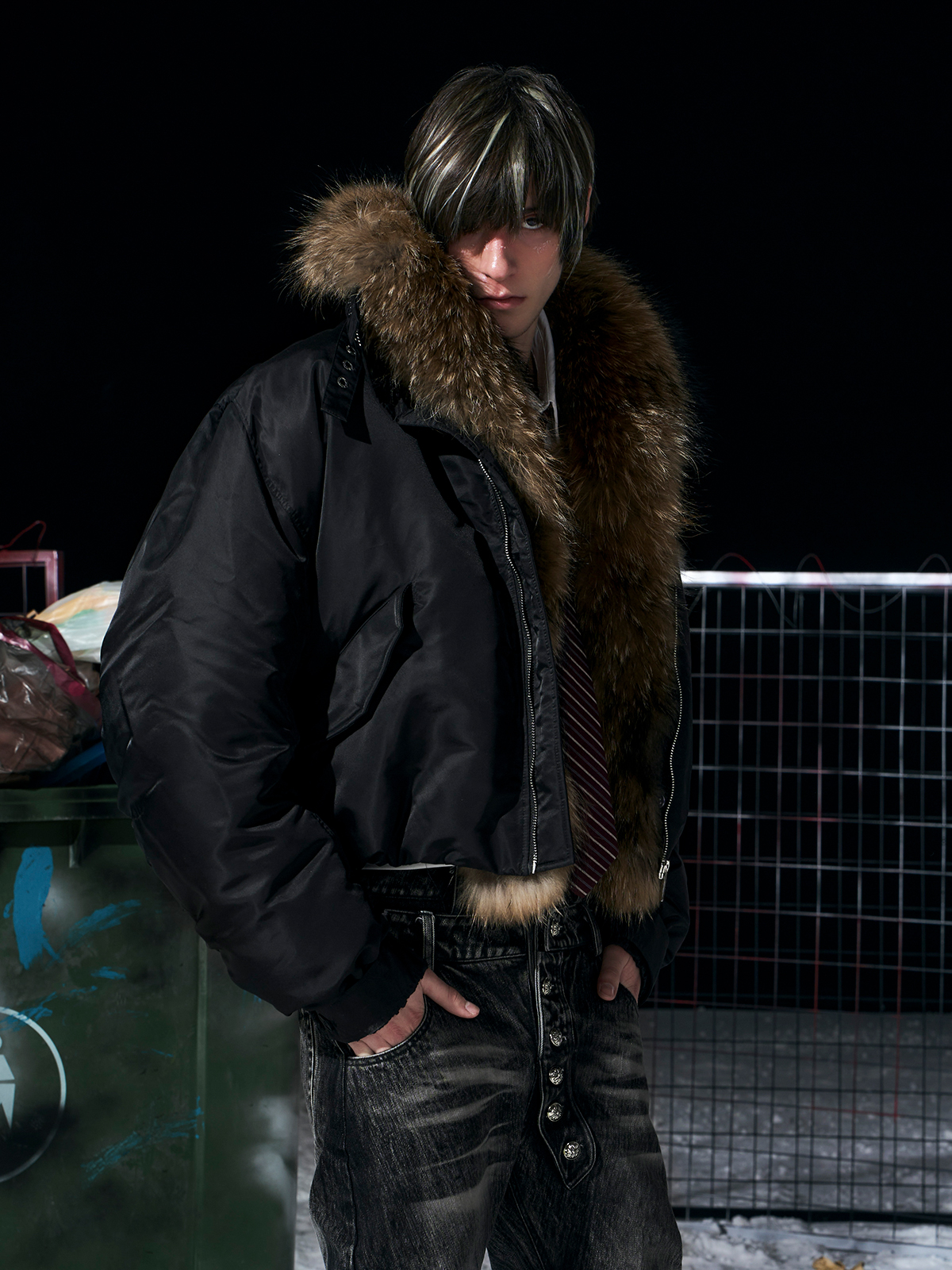 Luxe Detachable Fur Collar Down Bomber-Black