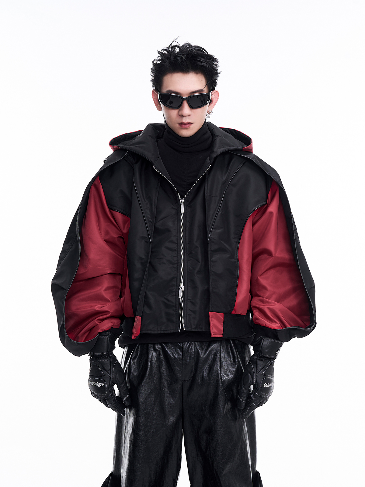 CONTRAST RED BATWING SLEEVE HOODED BOMBER-START EXCEED END