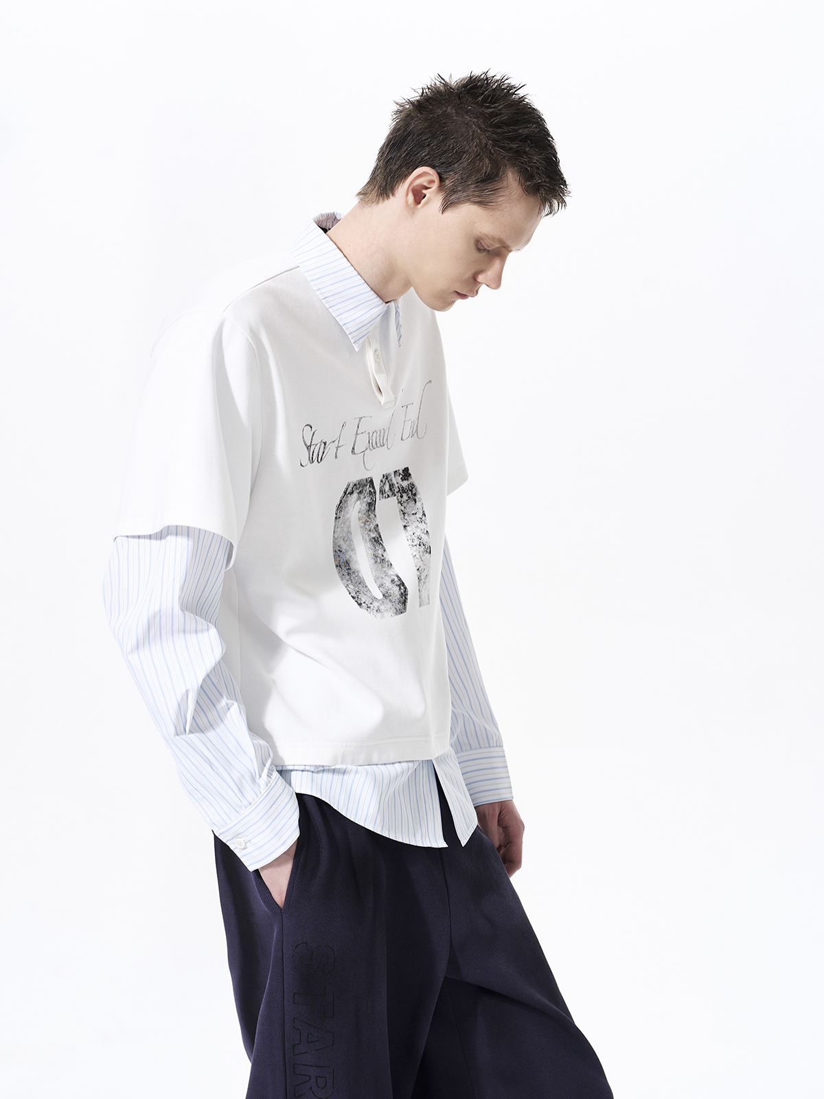 DISTRESSED GRAPHIC LAYERED POLO SHIRT-WHITE