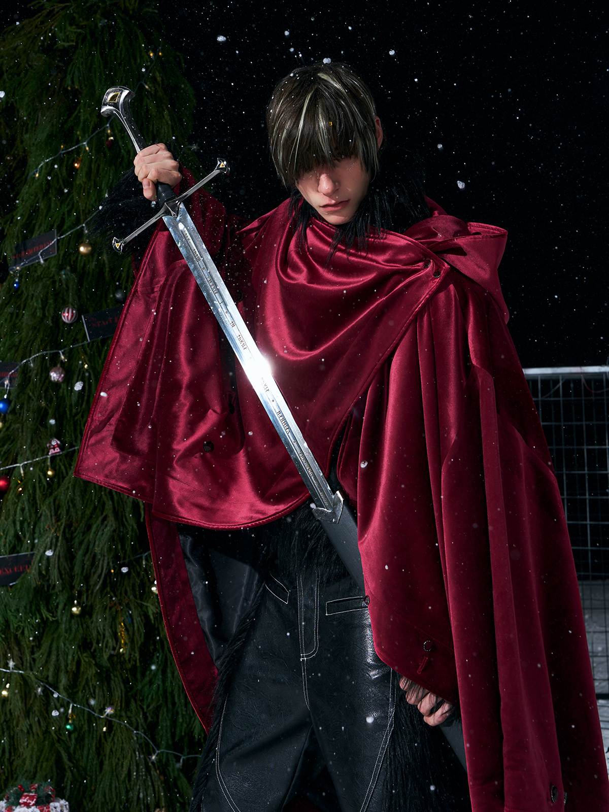 WARHORSE EMBROIDERED VELVET HOODED CLOAK-BURGUNDY