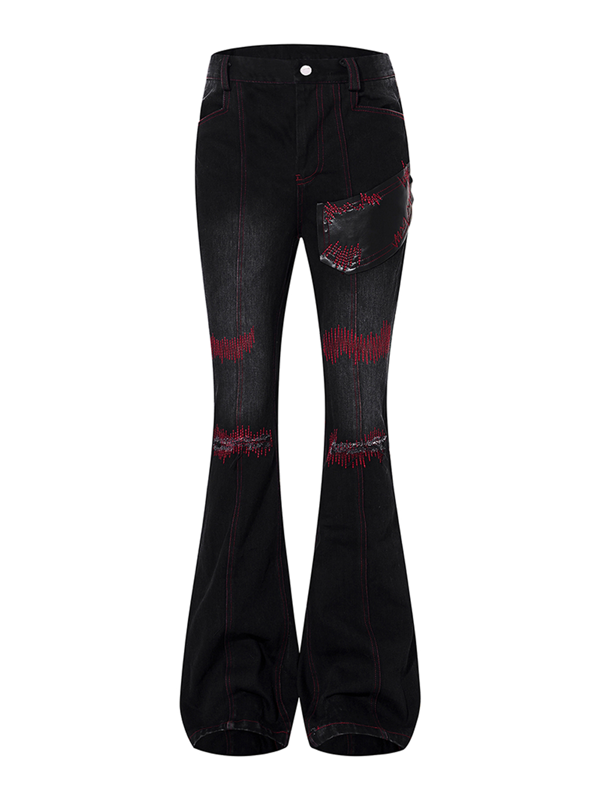 DISTRESSED SOUNDWAVE LEATHER PATCHWORK FLARED JEANS