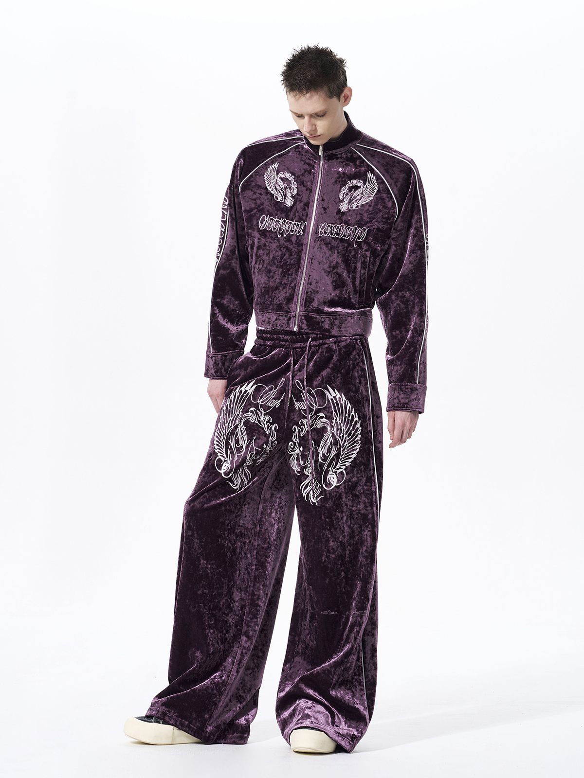 CRUSHED VELVET EMBROIDERED TRACKSUIT SET-PLUM PURPLE