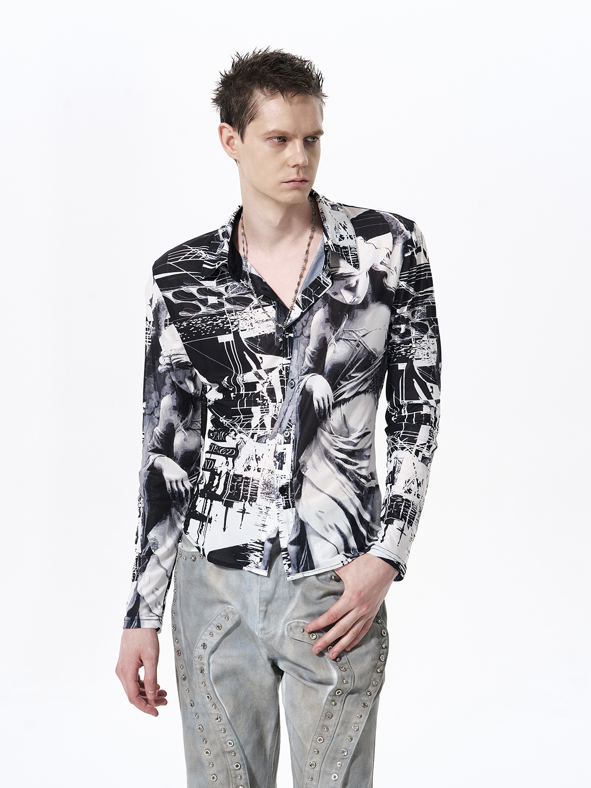 CLASSICAL FIGURE PRINT SHEER MESH SHIRT