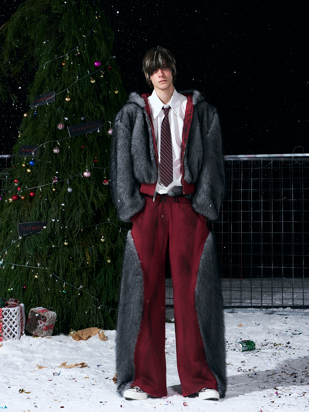 VINTAGE RED REVERSIBLE FUR HOODIE & FUR PANEL PANTS SET