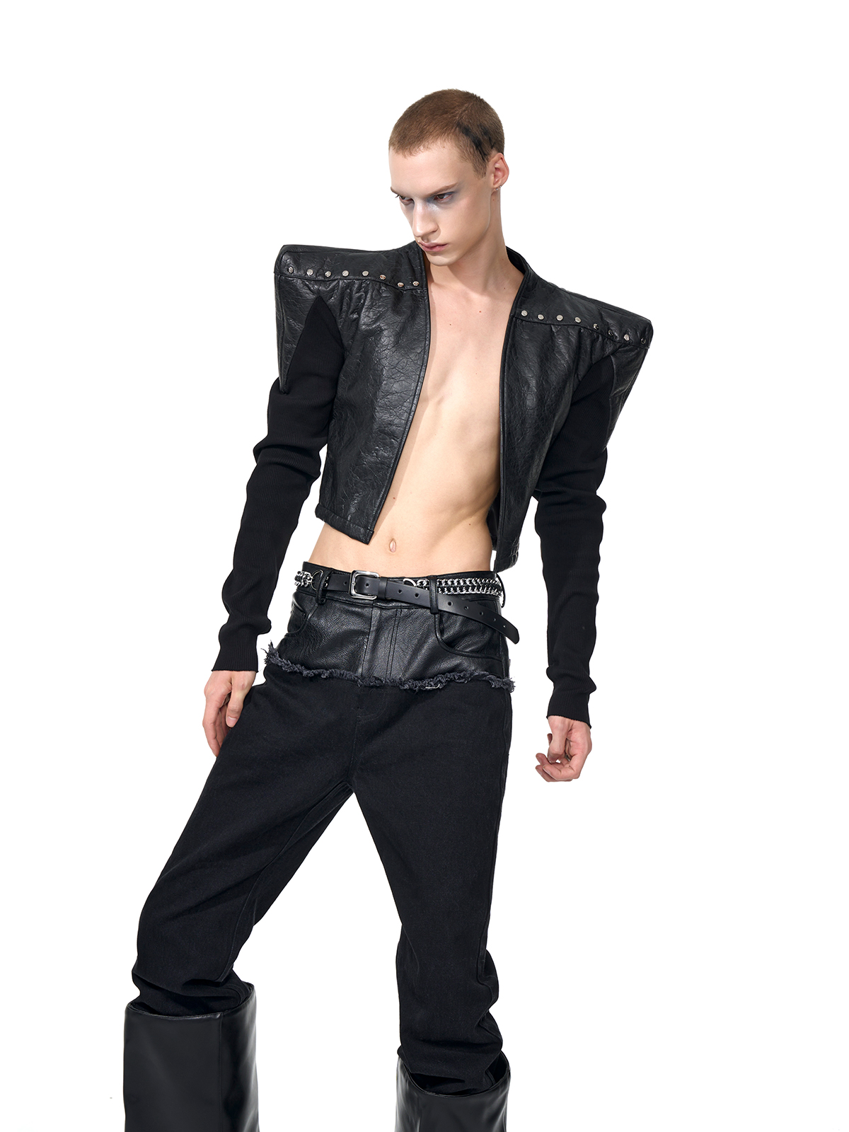 STUDDED POWER-SHOULDER HYBRID JACKET-START EXCEED END