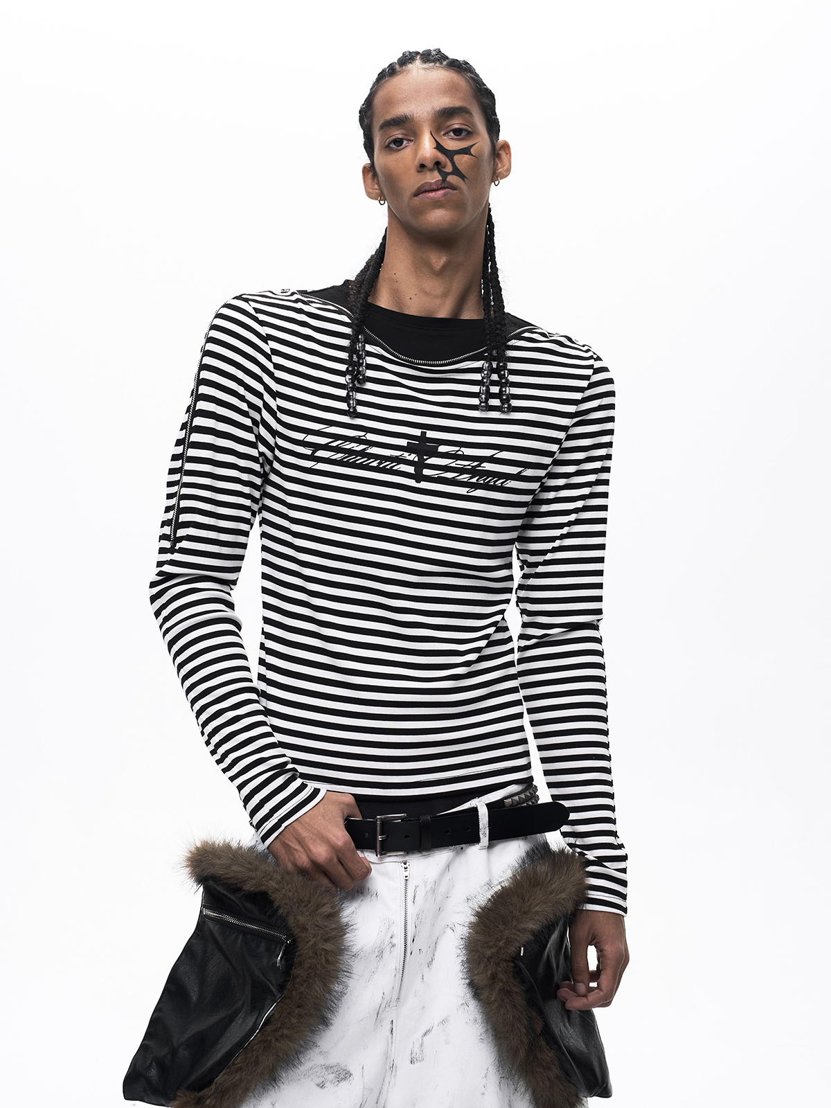 DECONSTRUCTED ZIP MOCK LAYER LONG SLEEVE-STRIPED