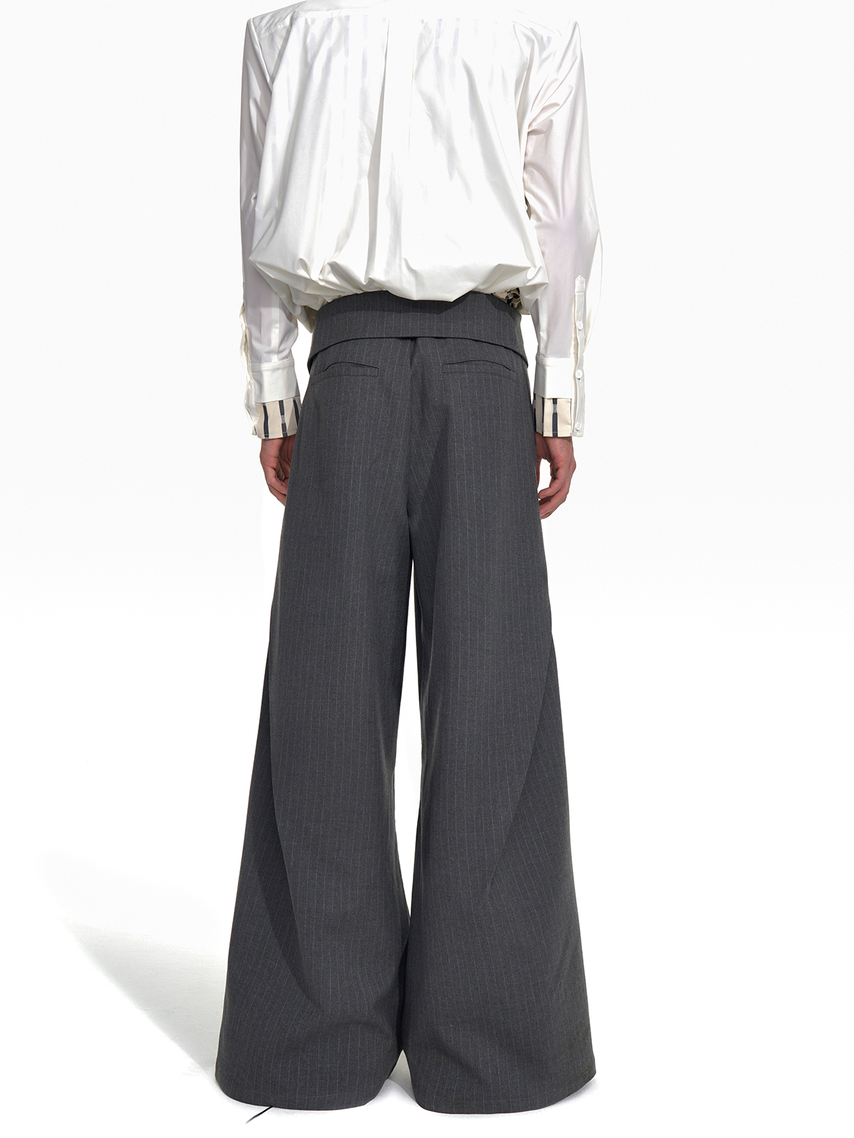 FOLD-OVER WAIST PINSTRIPE WIDE-LEG TROUSERS-GREY